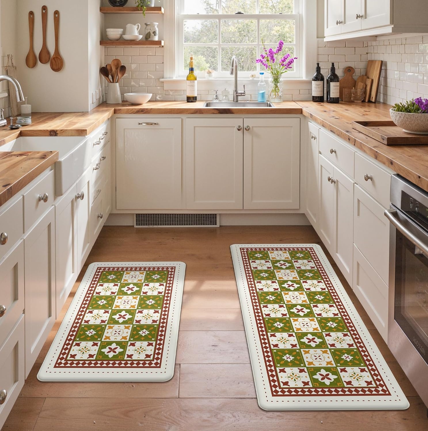 image:imageGENIMO Anti Fatigue Kitchen Mats for Floor 2PCS Cushioned Standing Mats 173x47amp173x30 Light Taupe Brown vintage boho rug set waterproof nonslip easyclean for home laundry sink farmhouseDgreen