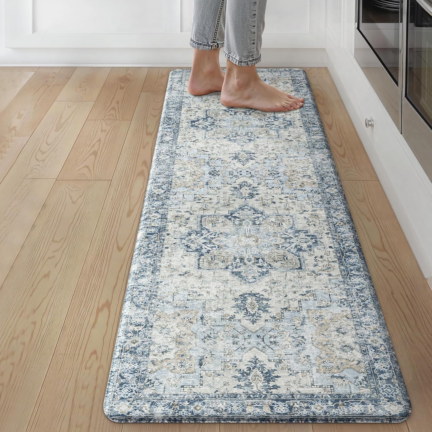 image:imageGENIMO Anti Fatigue Kitchen Mats for Floor 2PCS Cushioned Standing Mats 173x47amp173x30 Light Taupe Brown vintage boho rug set waterproof nonslip easyclean for home laundry sink farmhouseLight Blue