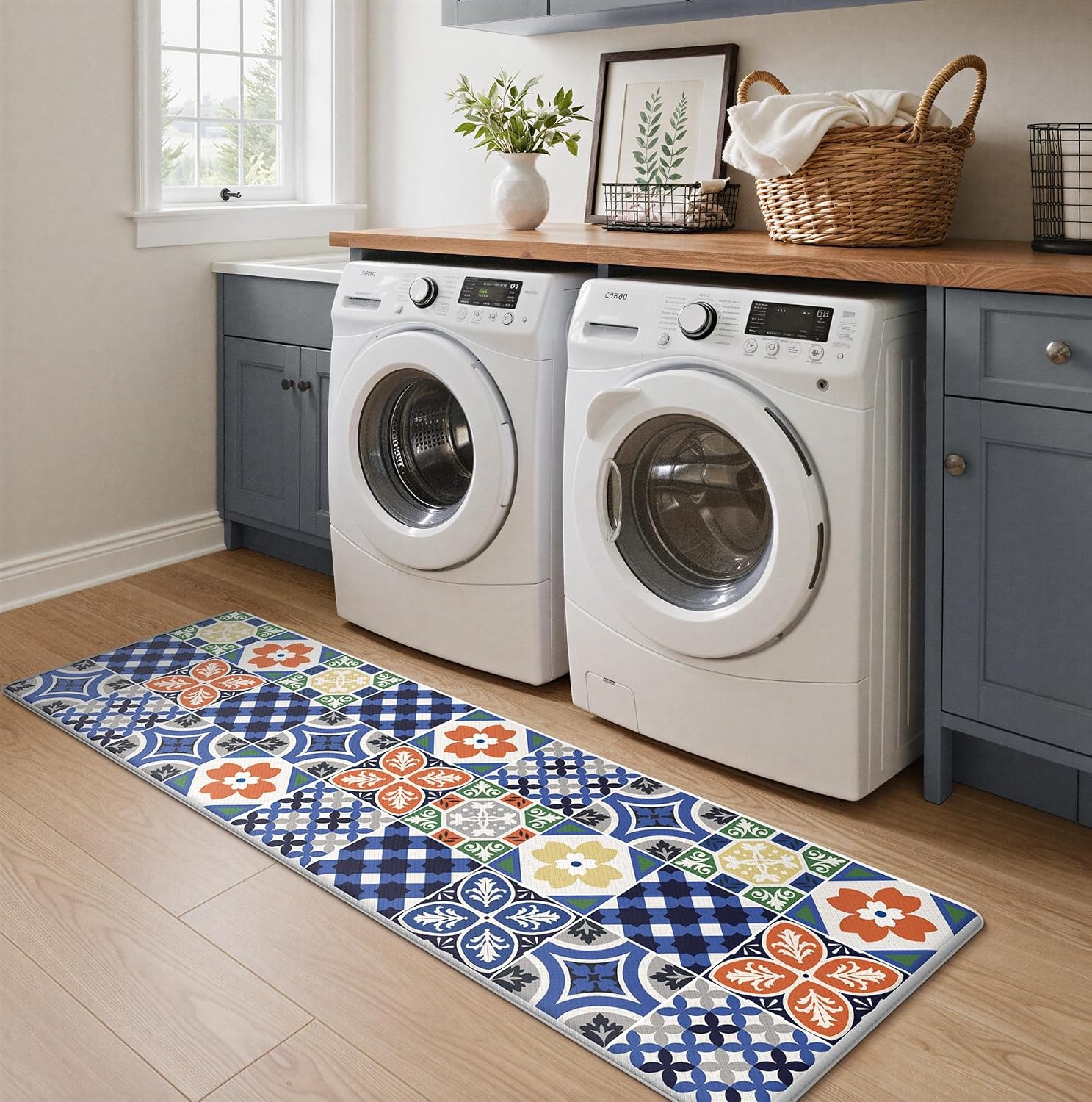 image:imageGENIMO Anti Fatigue Kitchen Mats for Floor 2PCS Cushioned Standing Mats 173x47amp173x30 Light Taupe Brown vintage boho rug set waterproof nonslip easyclean for home laundry sink farmhouseAblue