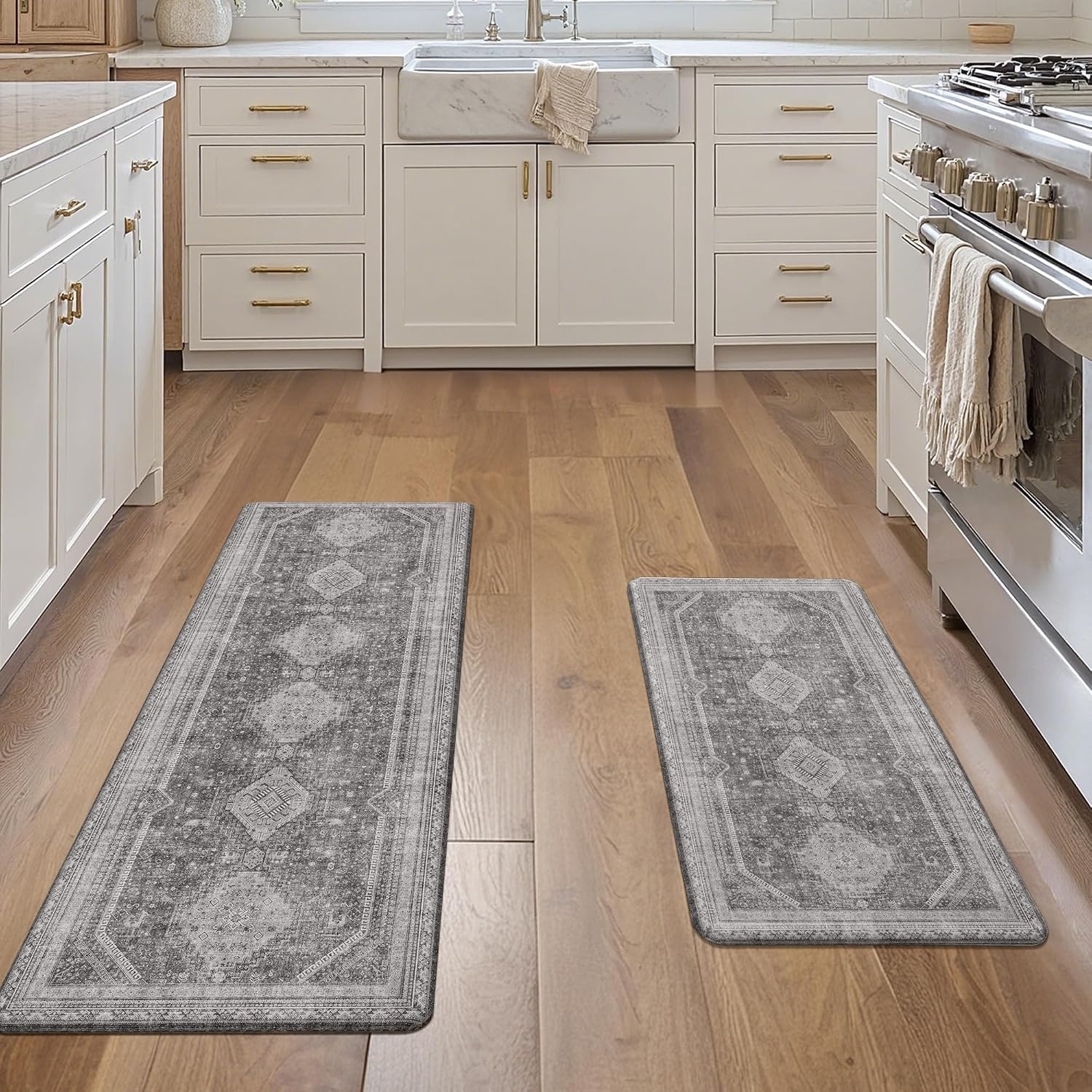 image:imageGENIMO Anti Fatigue Kitchen Mats for Floor 2PCS Cushioned Standing Mats 173x47amp173x30 Light Taupe Brown vintage boho rug set waterproof nonslip easyclean for home laundry sink farmhouseAsh Gray