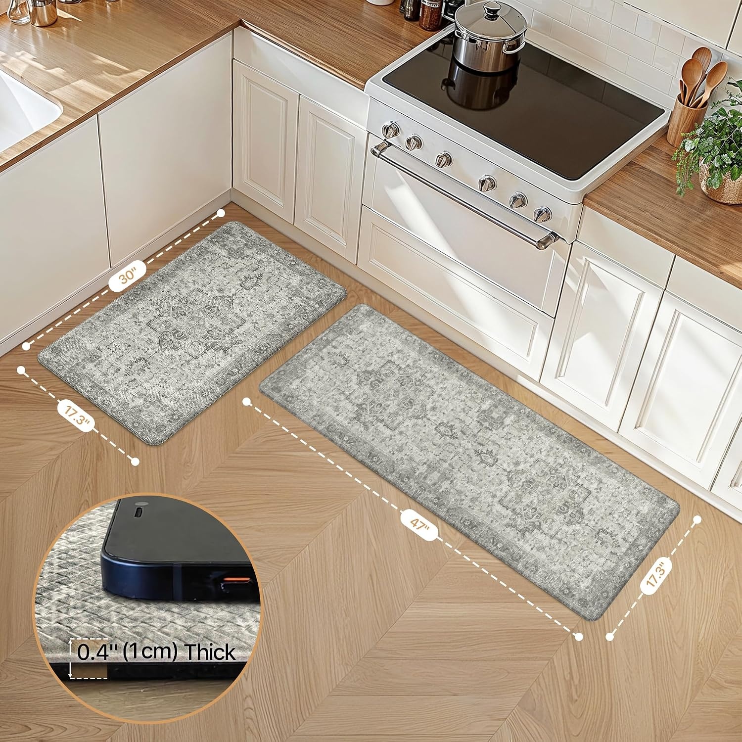 image:imageGENIMO Anti Fatigue Kitchen Mats for Floor 2PCS Cushioned Standing Mats 173x47amp173x30 Light Taupe Brown vintage boho rug set waterproof nonslip easyclean for home laundry sink farmhouseStone Gray