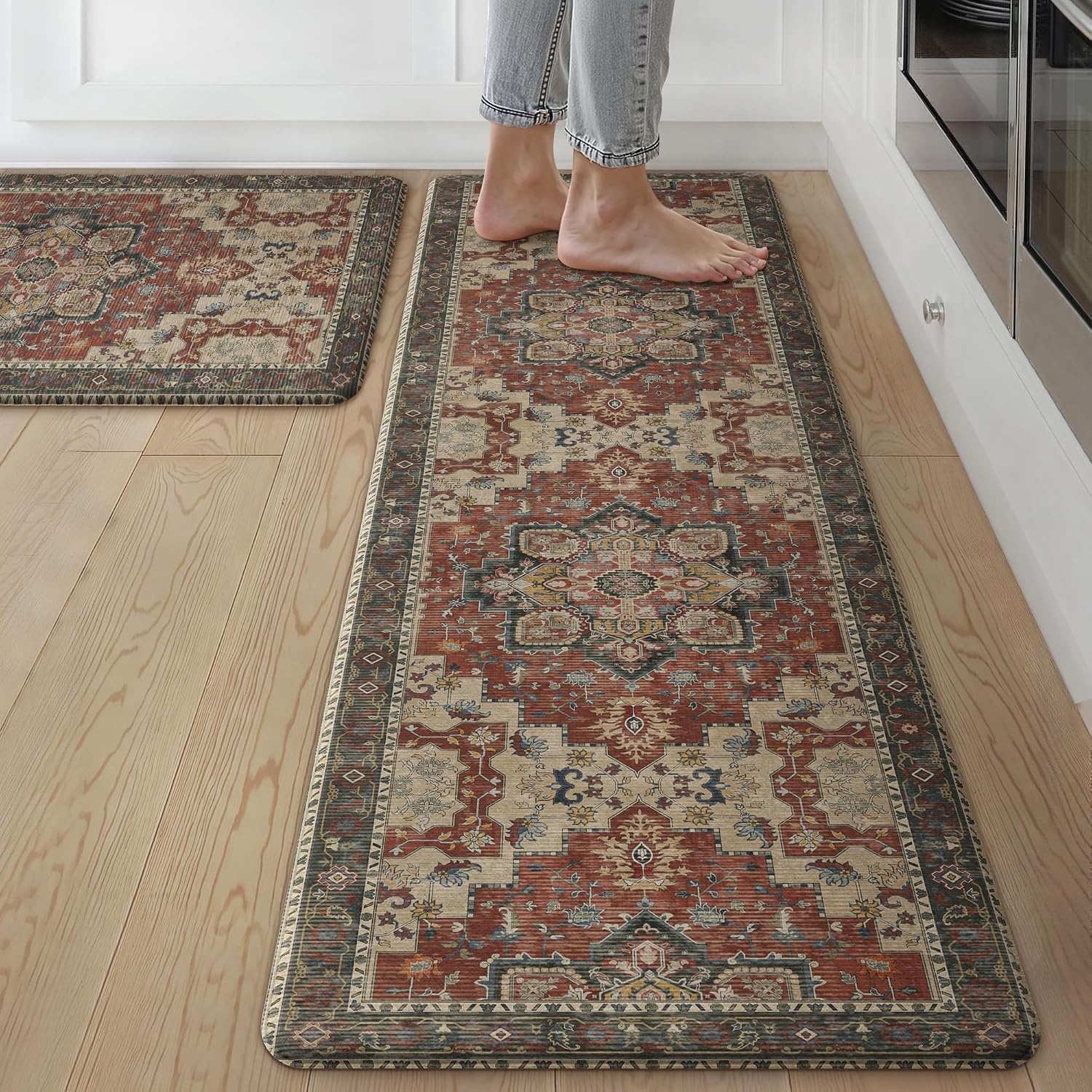 image:imageGENIMO Anti Fatigue Kitchen Mats for Floor 2PCS Cushioned Standing Mats 173x47amp173x30 Light Taupe Brown vintage boho rug set waterproof nonslip easyclean for home laundry sink farmhouseBordeaux Red