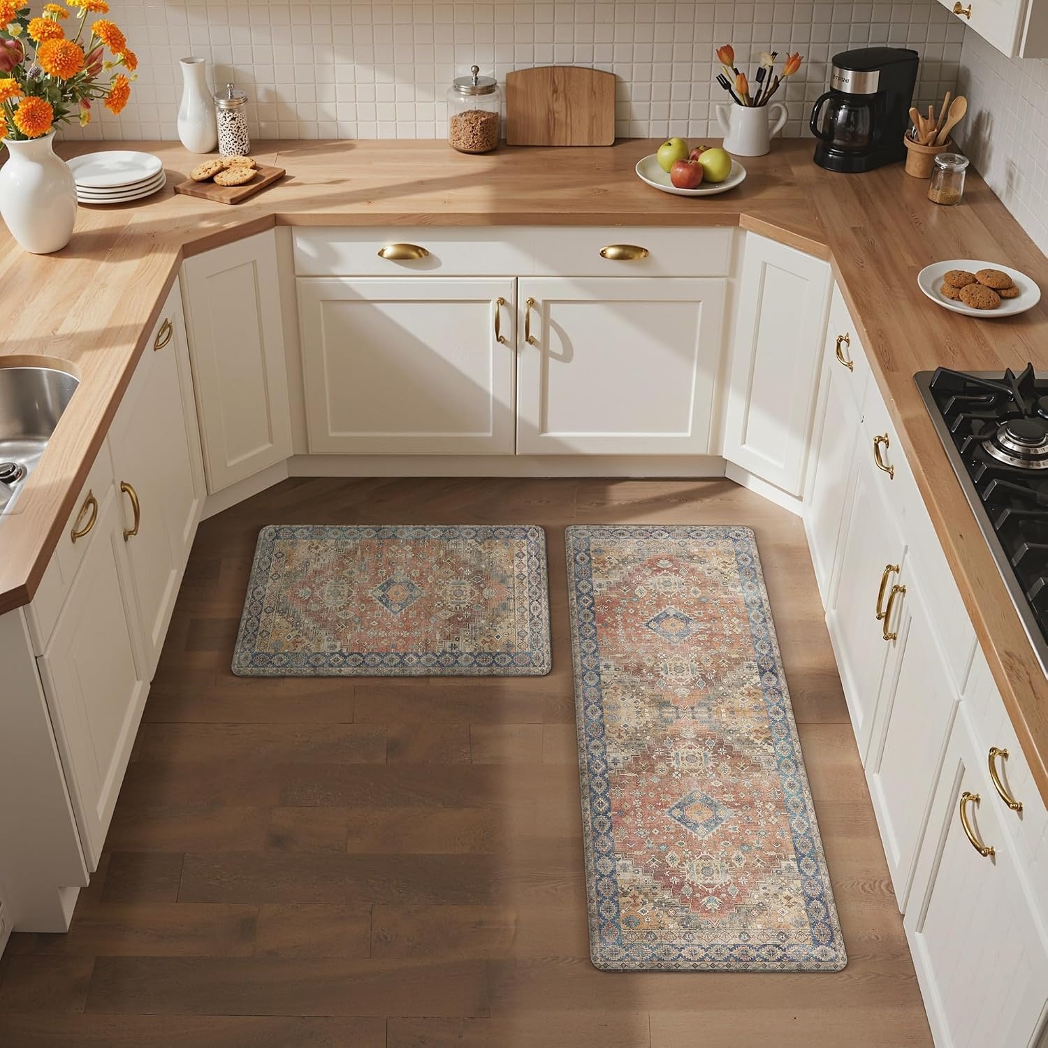 image:imageGENIMO Anti Fatigue Kitchen Mats for Floor 2PCS Cushioned Standing Mats 173x47amp173x30 Light Taupe Brown vintage boho rug set waterproof nonslip easyclean for home laundry sink farmhouseRetrobrick