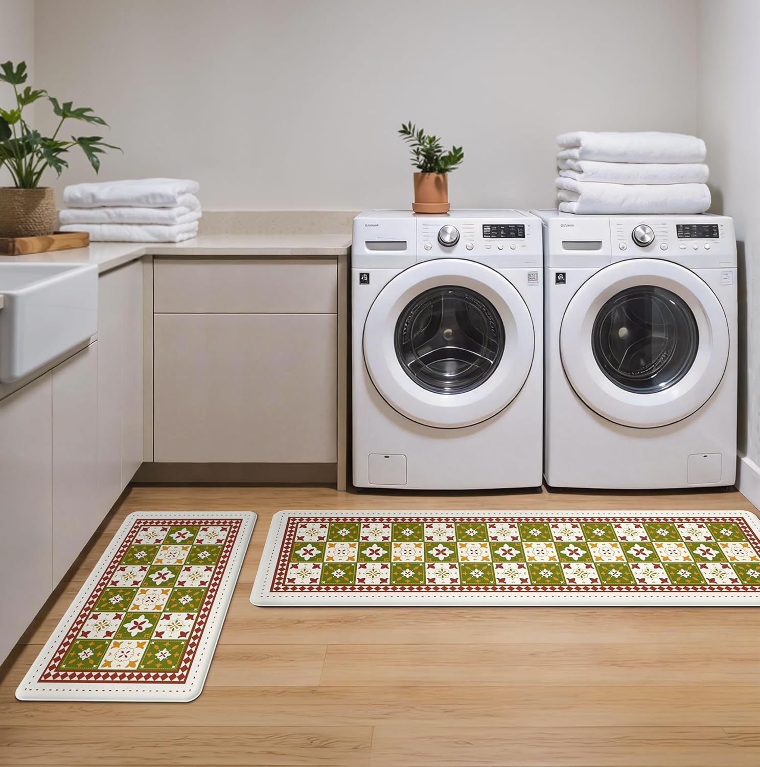 image:imageGENIMO Anti Fatigue Kitchen Mats for Floor 2PCS Cushioned Standing Mats 173x47amp173x30 Light Taupe Brown vintage boho rug set waterproof nonslip easyclean for home laundry sink farmhouseDgreen