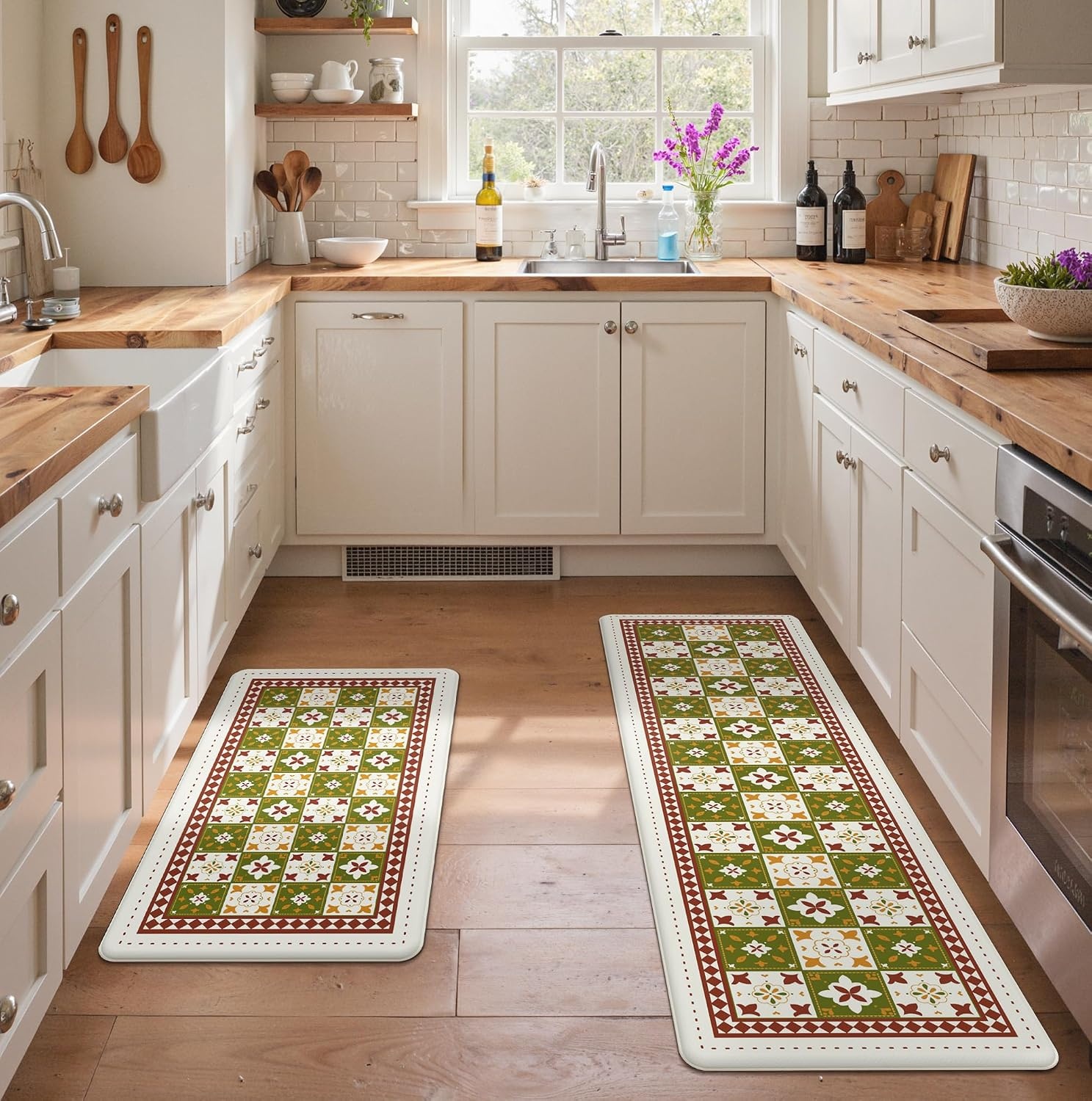 image:imageGENIMO Anti Fatigue Kitchen Mats for Floor 2PCS Cushioned Standing Mats 173x47amp173x30 Light Taupe Brown vintage boho rug set waterproof nonslip easyclean for home laundry sink farmhouseDgreen