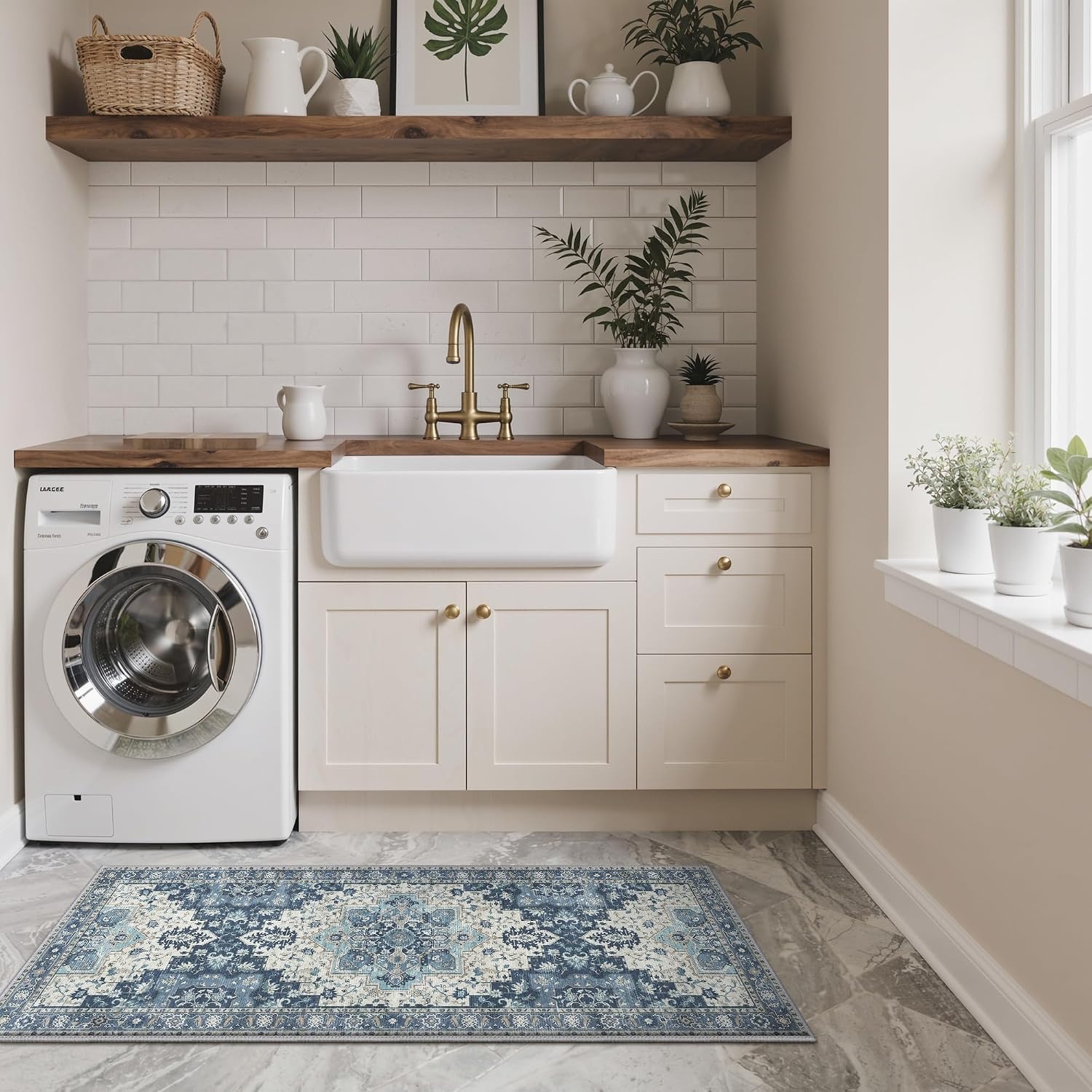 image:imageGENIMO Anti Fatigue Kitchen Mats for Floor 2PCS Cushioned Standing Mats 173x47amp173x30 Light Taupe Brown vintage boho rug set waterproof nonslip easyclean for home laundry sink farmhouseNavy Blue
