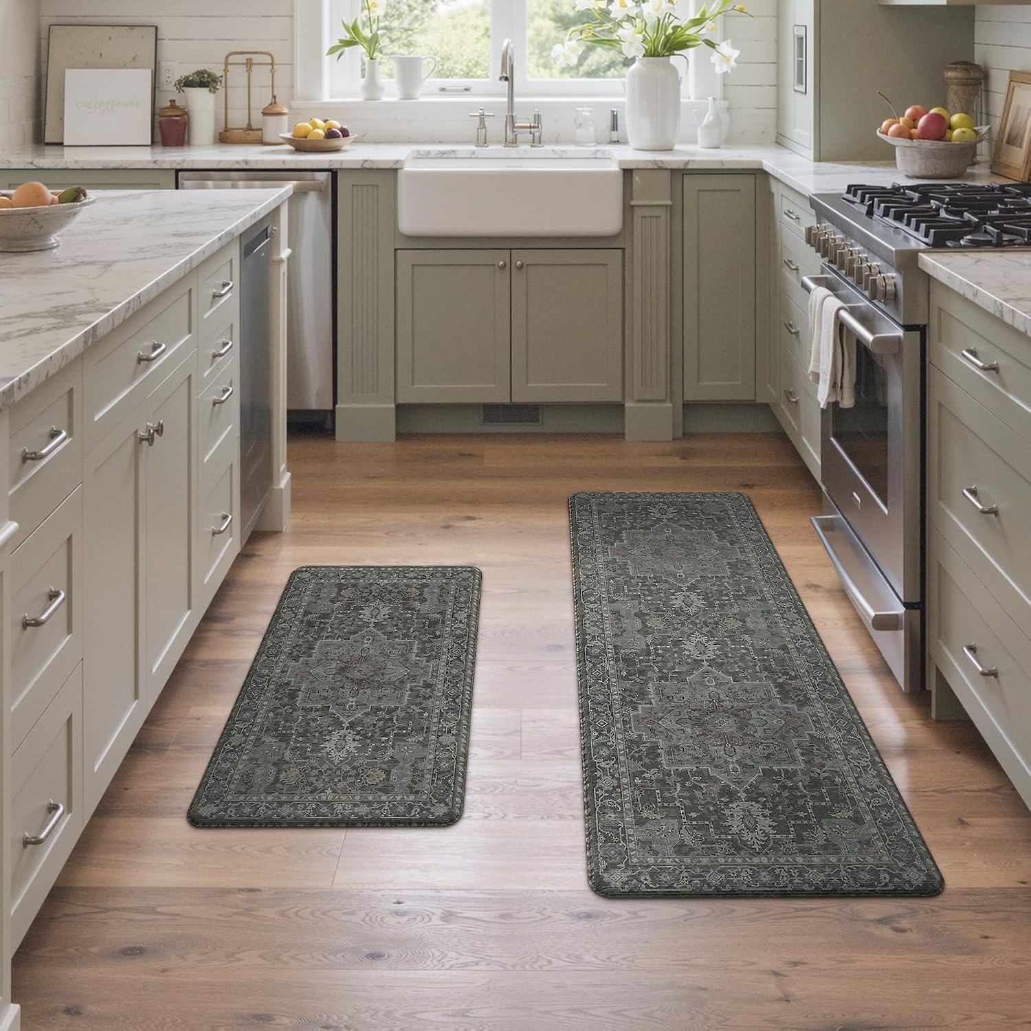 image:imageGENIMO Anti Fatigue Kitchen Mats for Floor 2PCS Cushioned Standing Mats 173x47amp173x30 Light Taupe Brown vintage boho rug set waterproof nonslip easyclean for home laundry sink farmhouseDusky Green