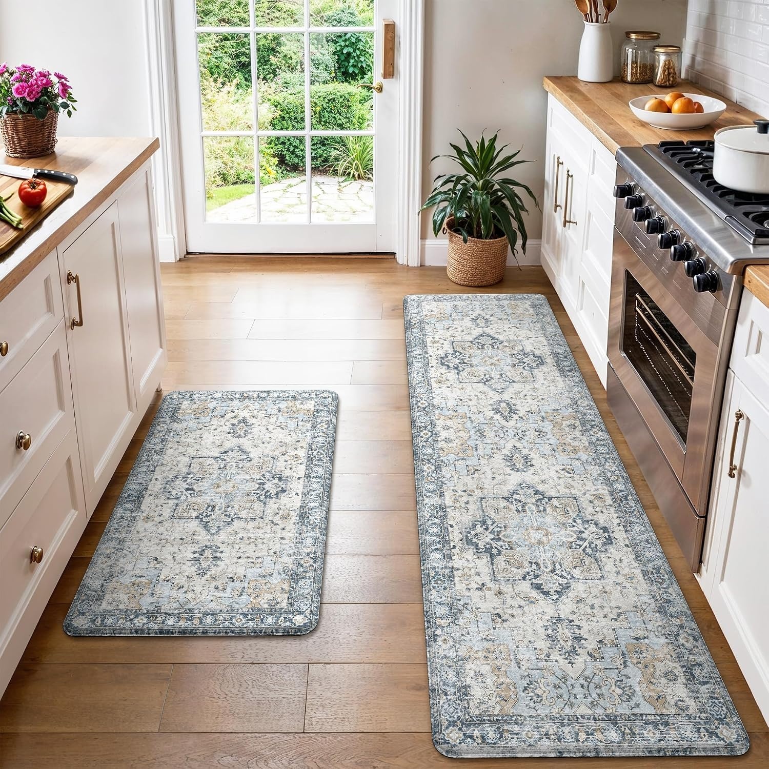 image:imageGENIMO Anti Fatigue Kitchen Mats for Floor 2PCS Cushioned Standing Mats 173x47amp173x30 Light Taupe Brown vintage boho rug set waterproof nonslip easyclean for home laundry sink farmhouseLight Blue