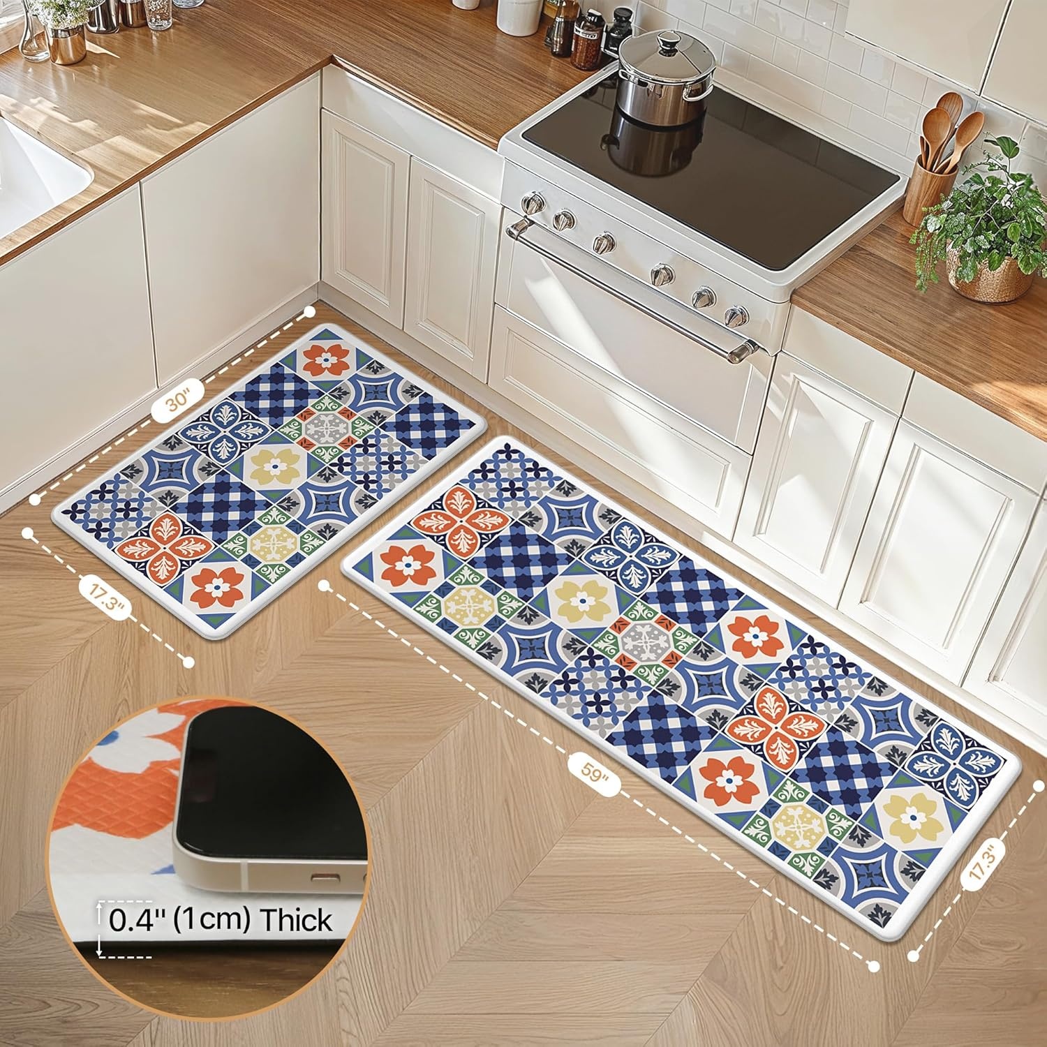 image:imageGENIMO Anti Fatigue Kitchen Mats for Floor 2PCS Cushioned Standing Mats 173x47amp173x30 Light Taupe Brown vintage boho rug set waterproof nonslip easyclean for home laundry sink farmhouseAblue