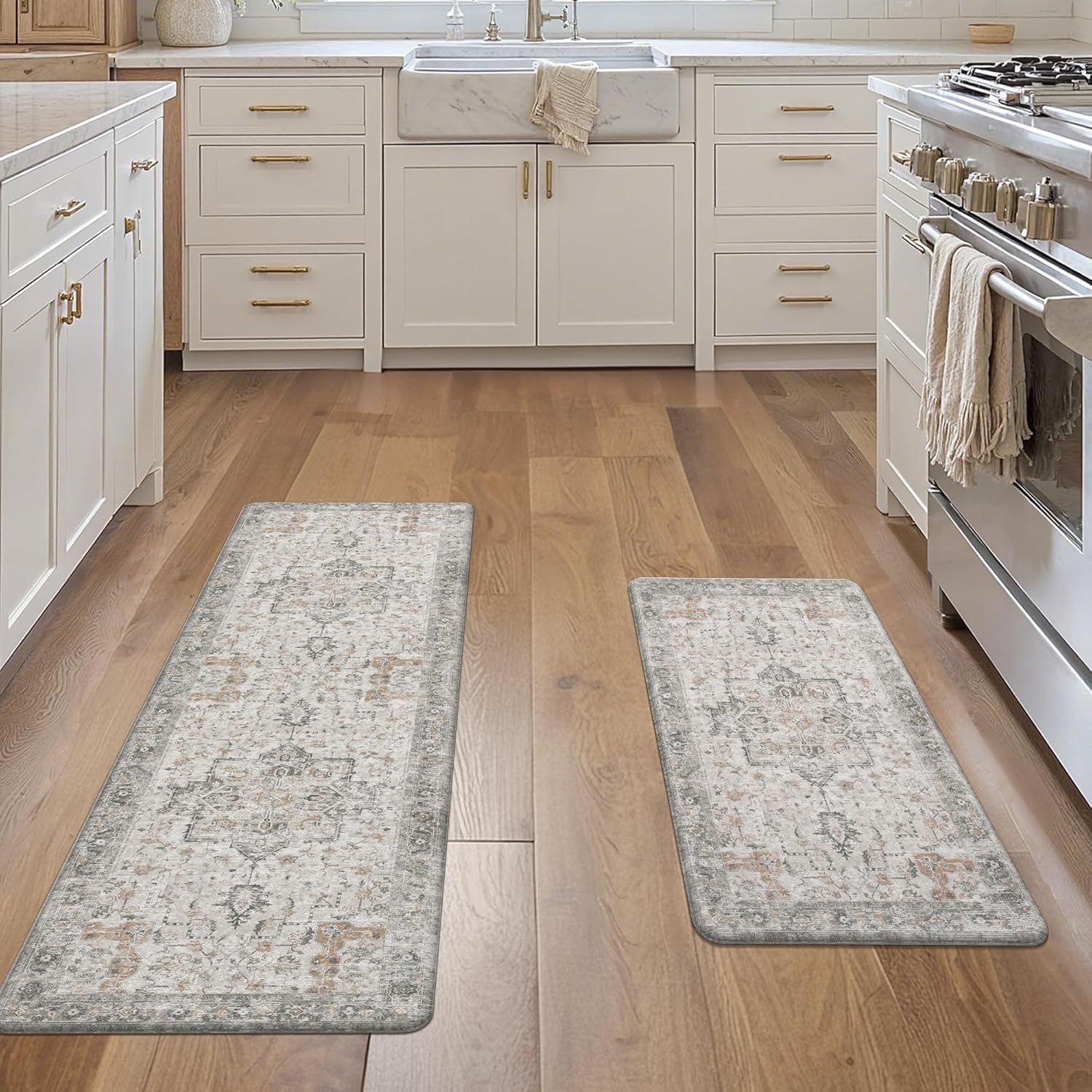 image:imageGENIMO Anti Fatigue Kitchen Mats for Floor 2PCS Cushioned Standing Mats 173x47amp173x30 Light Taupe Brown vintage boho rug set waterproof nonslip easyclean for home laundry sink farmhouseLight Taupe Brown