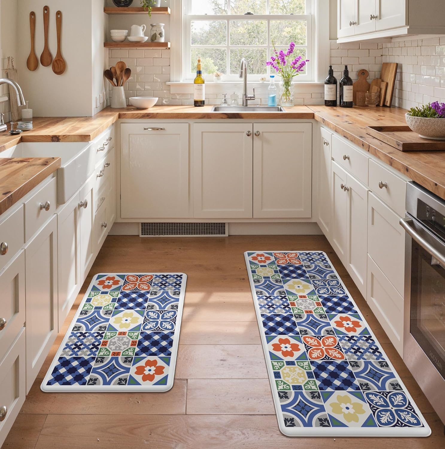 image:imageGENIMO Anti Fatigue Kitchen Mats for Floor 2PCS Cushioned Standing Mats 173x47amp173x30 Light Taupe Brown vintage boho rug set waterproof nonslip easyclean for home laundry sink farmhouseAblue
