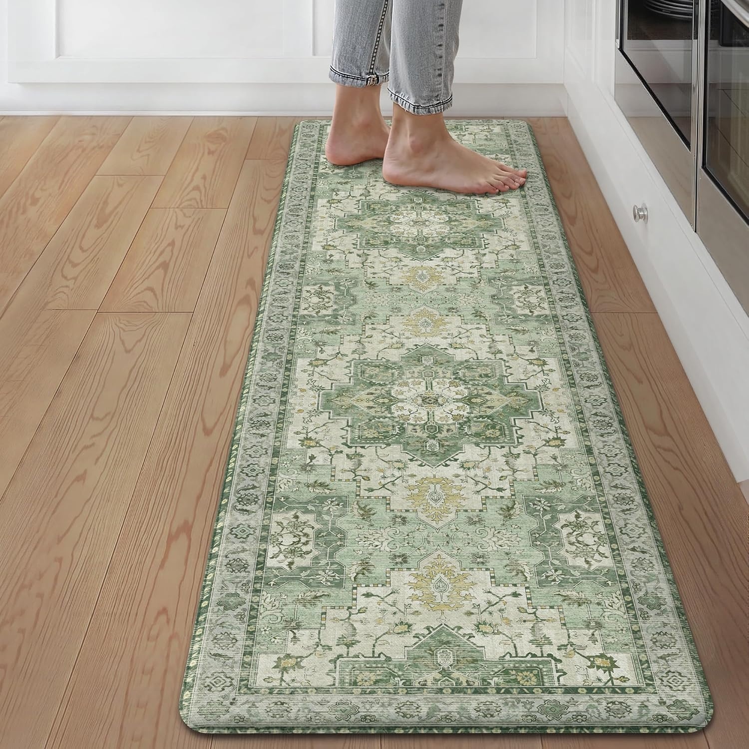image:imageGENIMO Anti Fatigue Kitchen Mats for Floor 2PCS Cushioned Standing Mats 173x47amp173x30 Light Taupe Brown vintage boho rug set waterproof nonslip easyclean for home laundry sink farmhouseLight Green