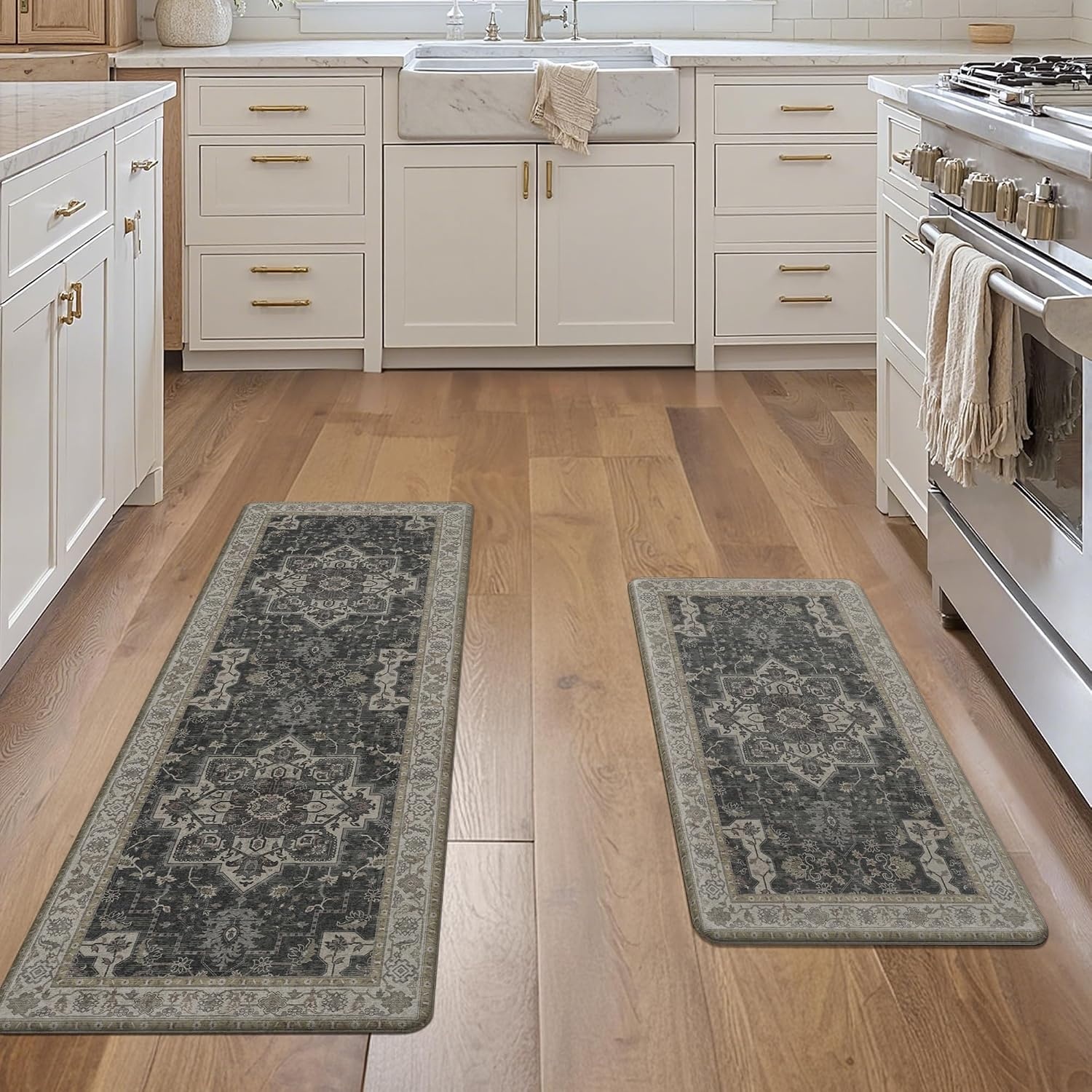 image:imageGENIMO Anti Fatigue Kitchen Mats for Floor 2PCS Cushioned Standing Mats 173x47amp173x30 Light Taupe Brown vintage boho rug set waterproof nonslip easyclean for home laundry sink farmhouseMidnight Gold