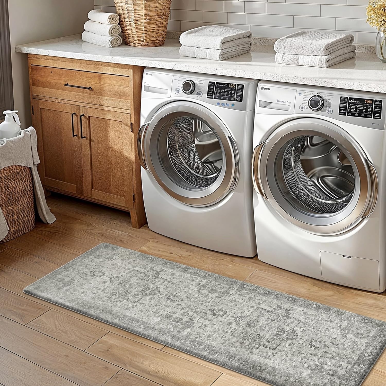 image:imageGENIMO Anti Fatigue Kitchen Mats for Floor 2PCS Cushioned Standing Mats 173x47amp173x30 Light Taupe Brown vintage boho rug set waterproof nonslip easyclean for home laundry sink farmhouseStone Gray