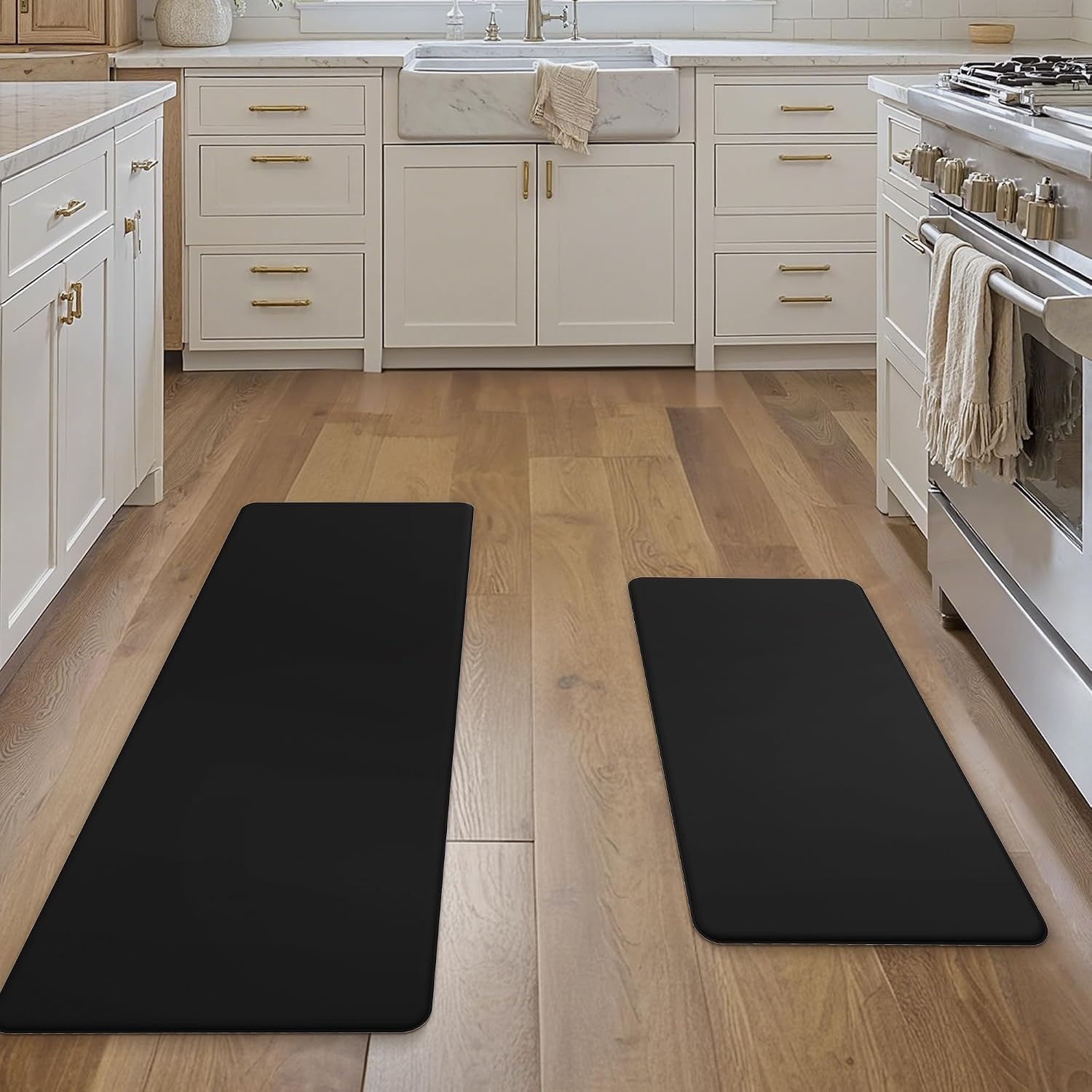 image:imageGENIMO Anti Fatigue Kitchen Mats for Floor 2PCS Cushioned Standing Mats 173x47amp173x30 Light Taupe Brown vintage boho rug set waterproof nonslip easyclean for home laundry sink farmhouseClassic Black