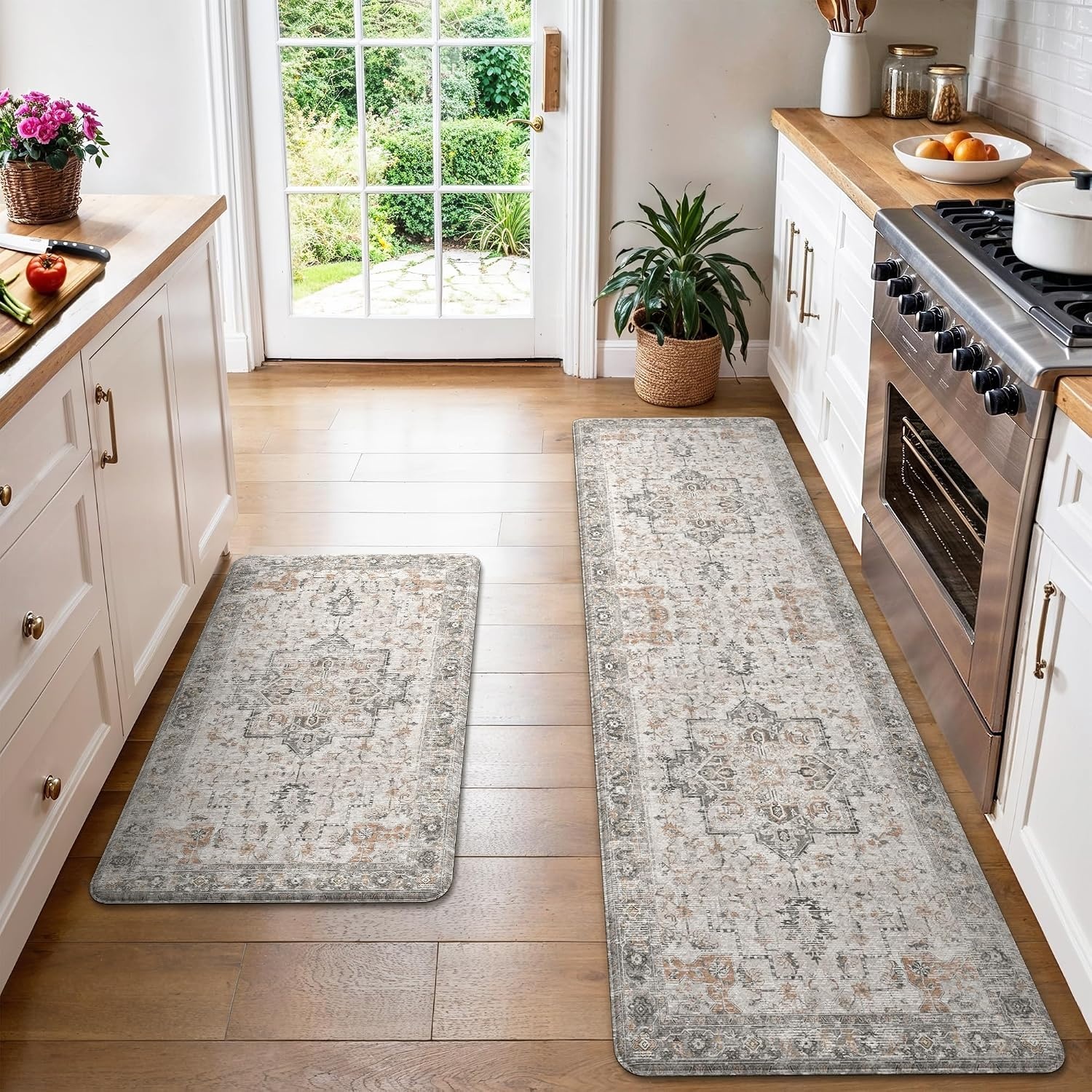 image:imageGENIMO Anti Fatigue Kitchen Mats for Floor 2PCS Cushioned Standing Mats 173x47amp173x30 Light Taupe Brown vintage boho rug set waterproof nonslip easyclean for home laundry sink farmhouseLight Taupe Brown