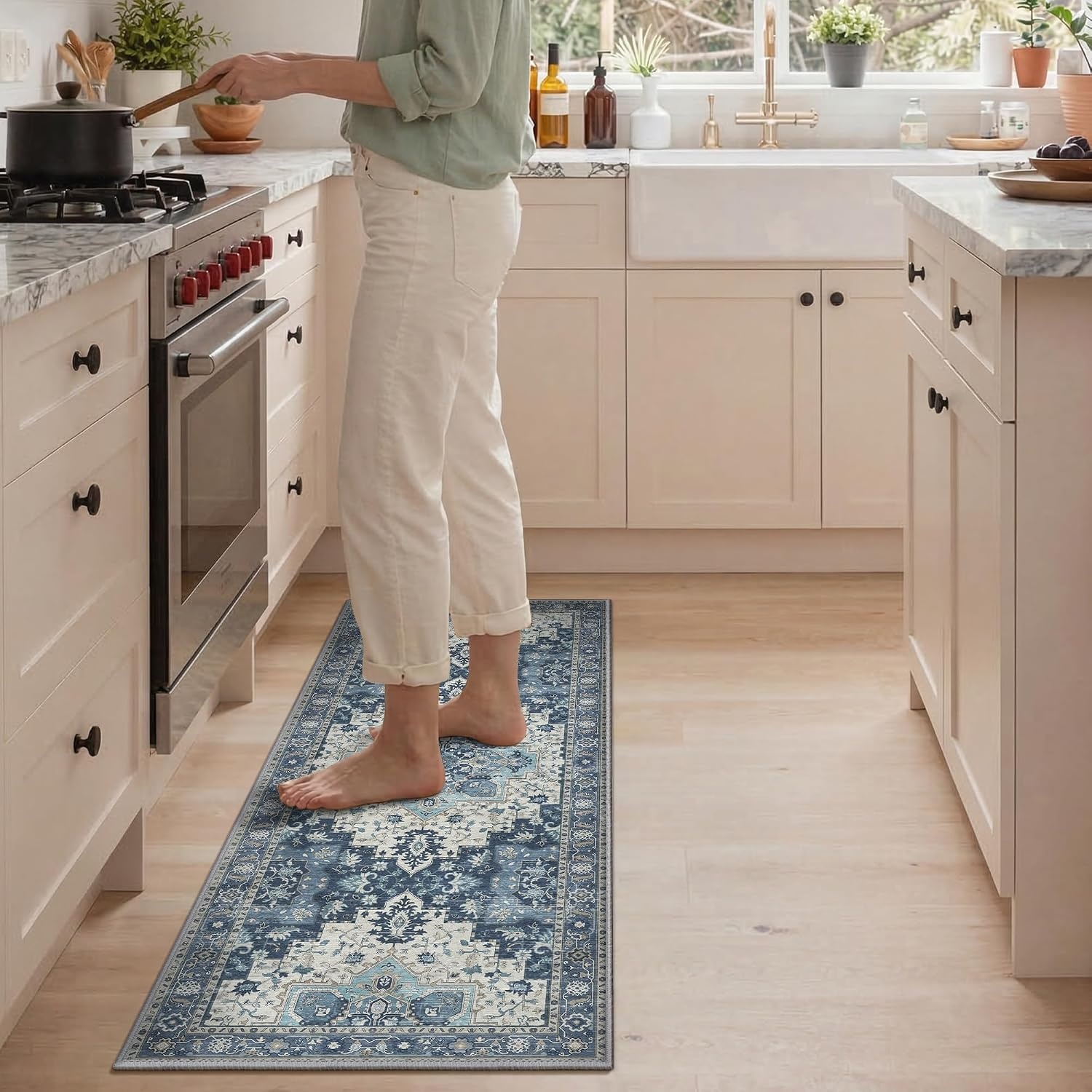 image:imageGENIMO Anti Fatigue Kitchen Mats for Floor 2PCS Cushioned Standing Mats 173x47amp173x30 Light Taupe Brown vintage boho rug set waterproof nonslip easyclean for home laundry sink farmhouseNavy Blue