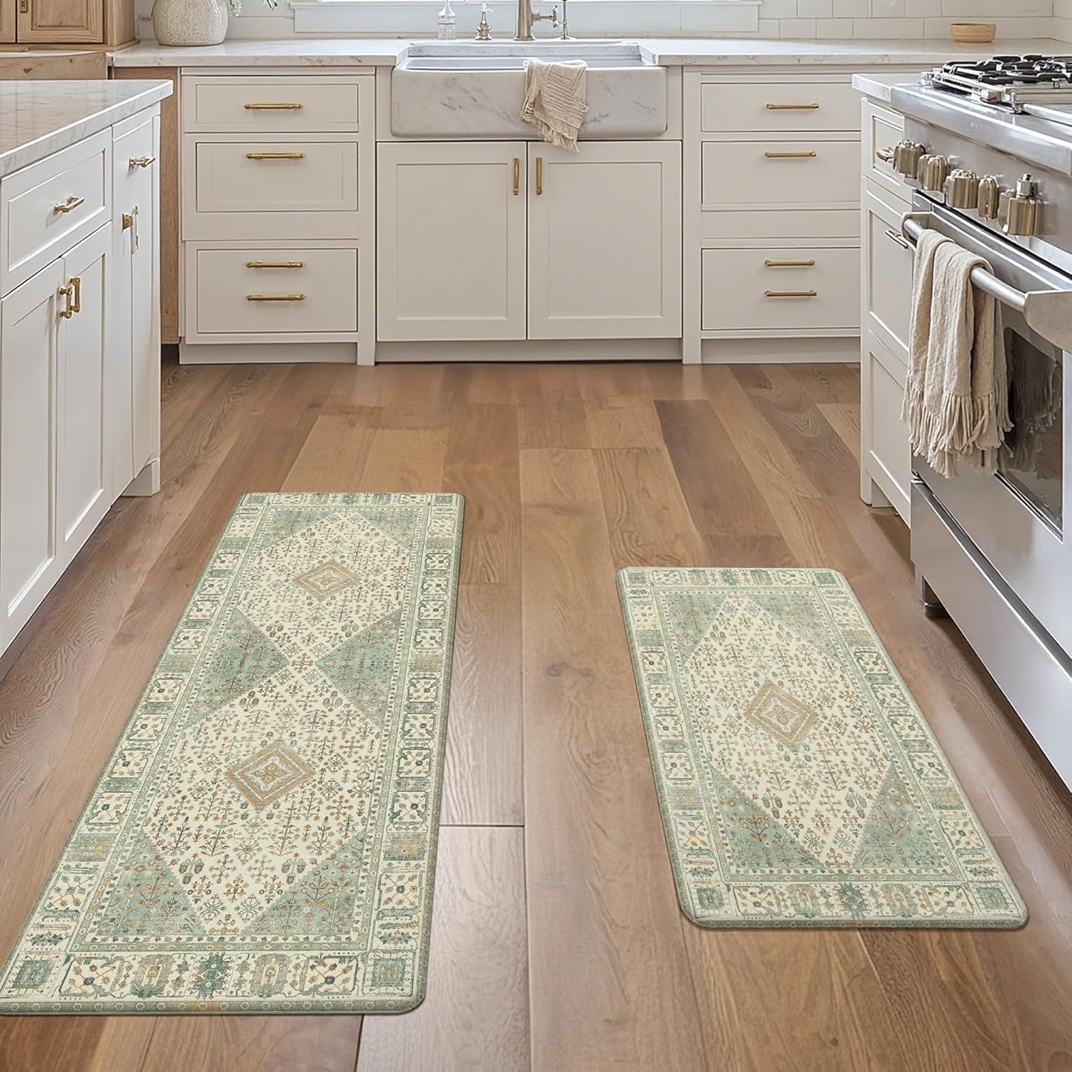image:imageGENIMO Anti Fatigue Kitchen Mats for Floor 2PCS Cushioned Standing Mats 173x47amp173x30 Light Taupe Brown vintage boho rug set waterproof nonslip easyclean for home laundry sink farmhouseVintage Green