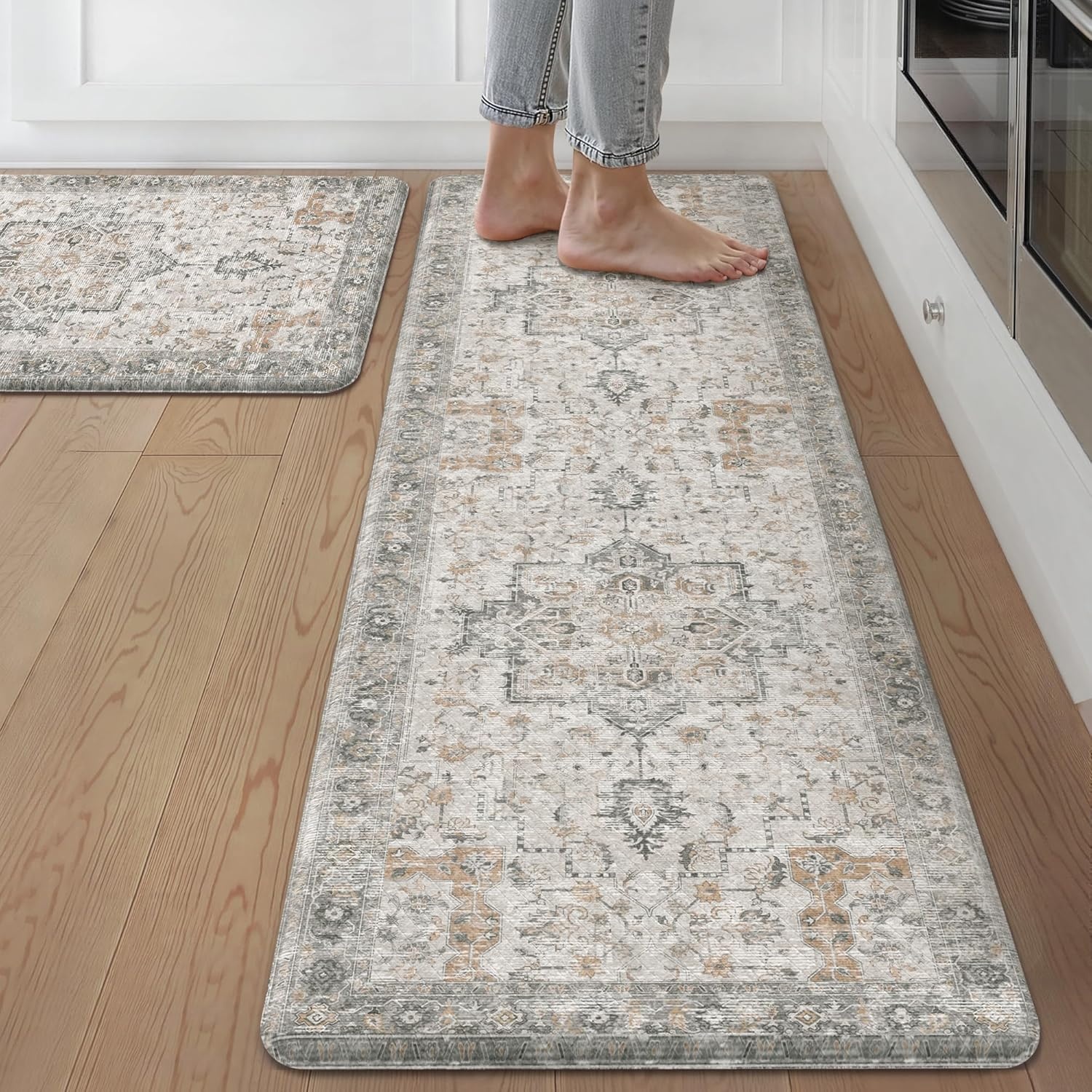 image:imageGENIMO Anti Fatigue Kitchen Mats for Floor 2PCS Cushioned Standing Mats 173x47amp173x30 Light Taupe Brown vintage boho rug set waterproof nonslip easyclean for home laundry sink farmhouseLight Taupe Brown