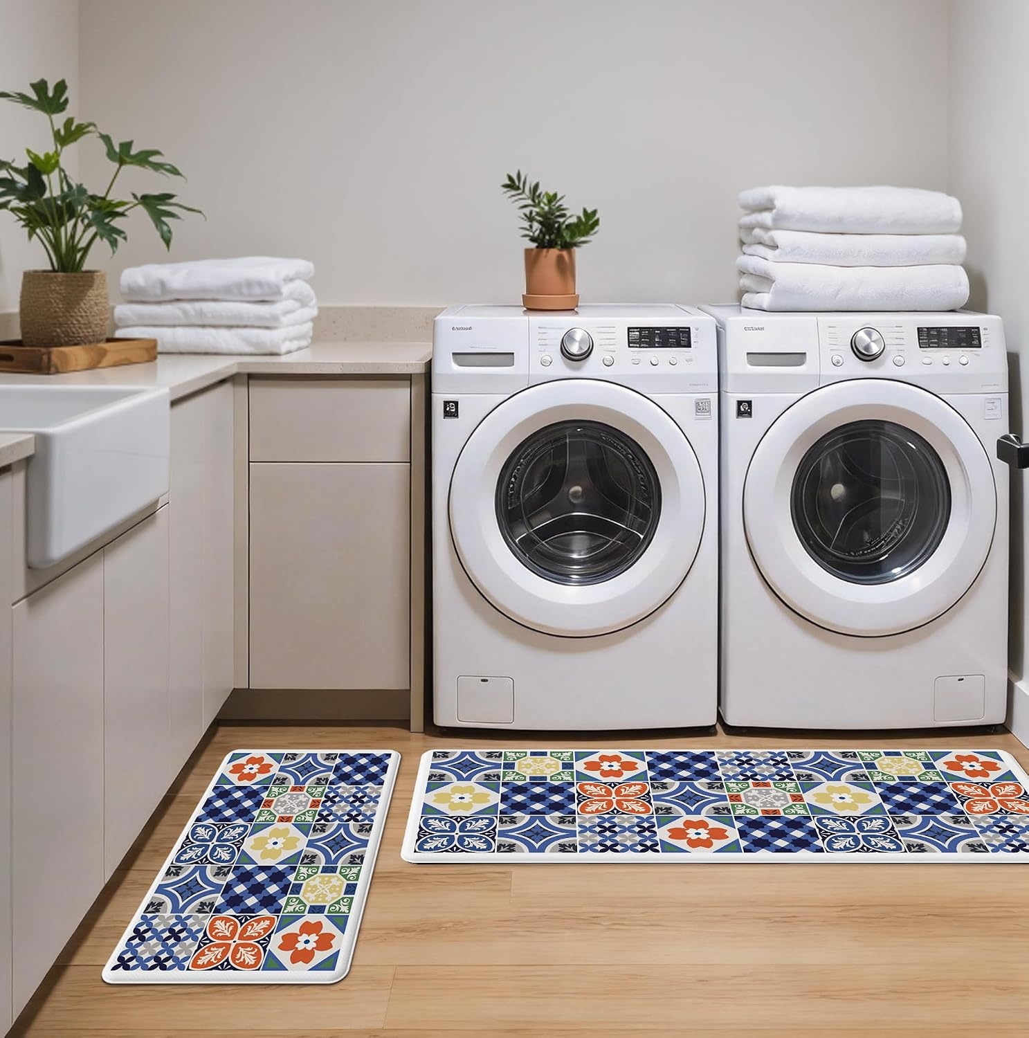 image:imageGENIMO Anti Fatigue Kitchen Mats for Floor 2PCS Cushioned Standing Mats 173x47amp173x30 Light Taupe Brown vintage boho rug set waterproof nonslip easyclean for home laundry sink farmhouseAblue