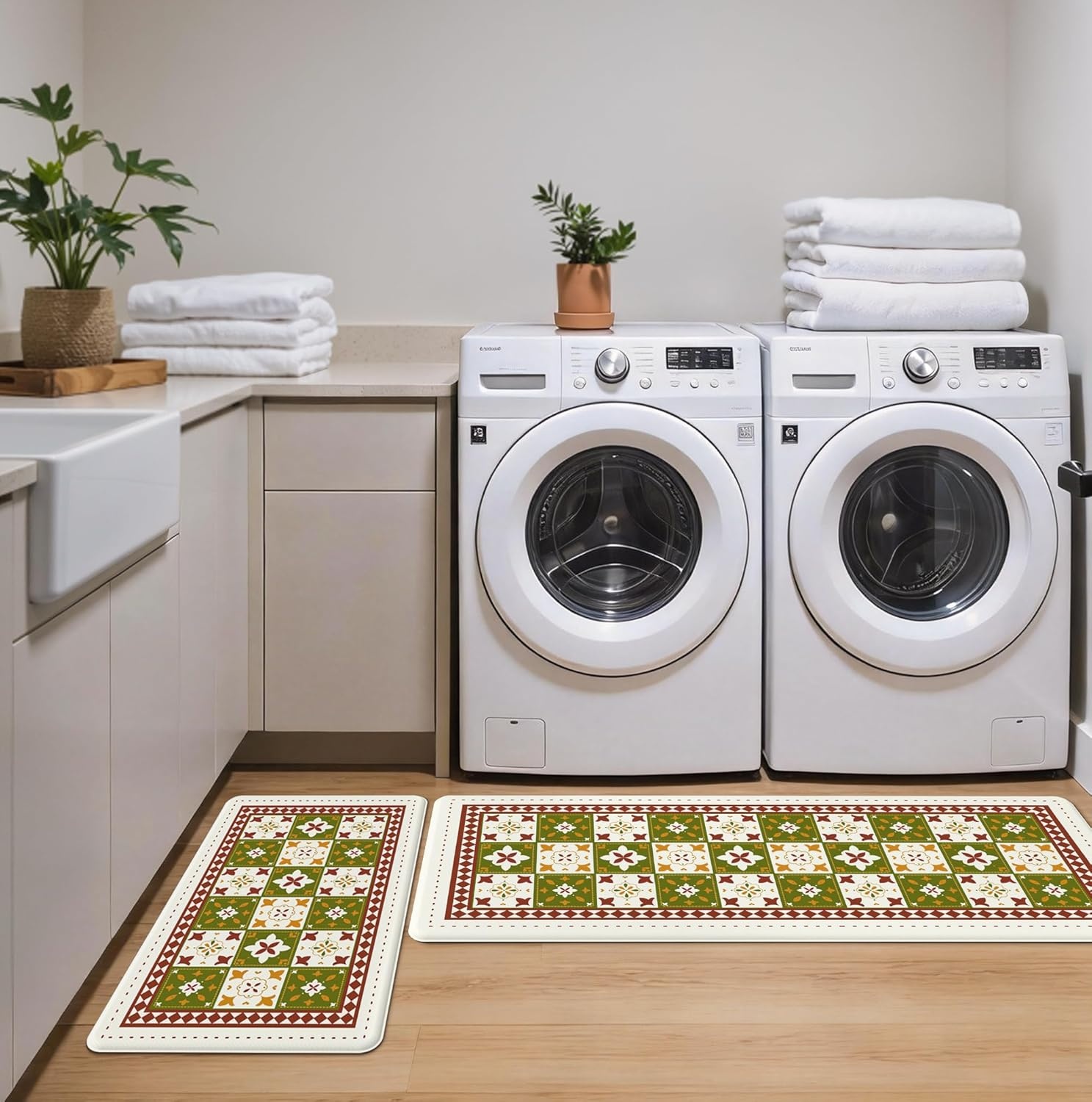 image:imageGENIMO Anti Fatigue Kitchen Mats for Floor 2PCS Cushioned Standing Mats 173x47amp173x30 Light Taupe Brown vintage boho rug set waterproof nonslip easyclean for home laundry sink farmhouseDgreen