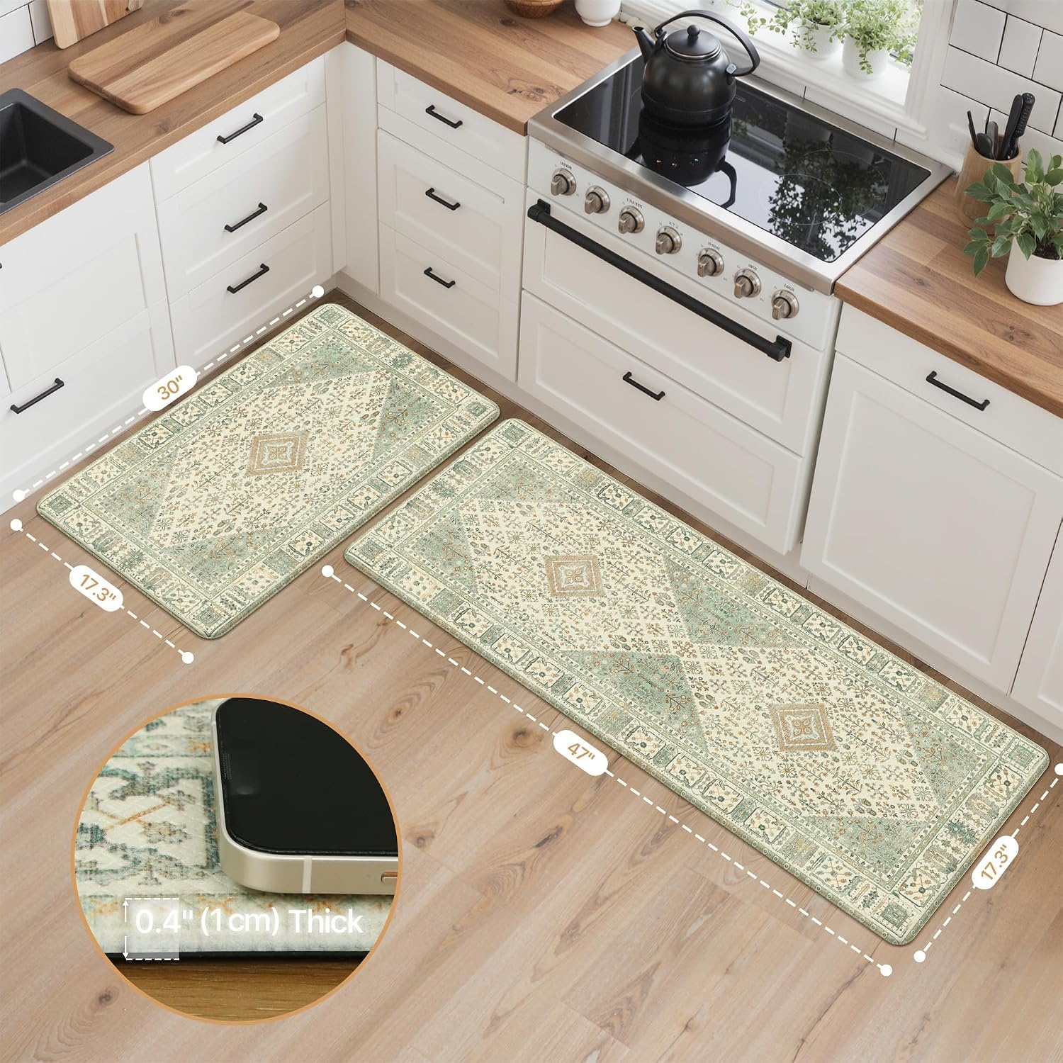 image:imageGENIMO Anti Fatigue Kitchen Mats for Floor 2PCS Cushioned Standing Mats 173x47amp173x30 Light Taupe Brown vintage boho rug set waterproof nonslip easyclean for home laundry sink farmhouseVintage Green