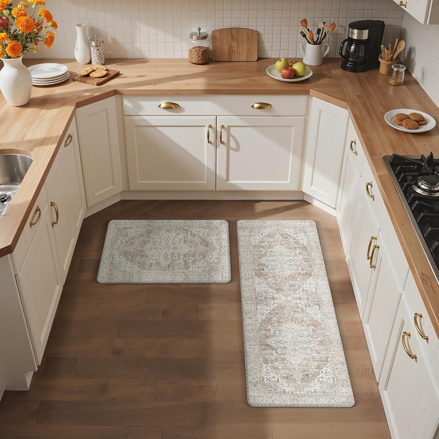 image:imageGENIMO Anti Fatigue Kitchen Mats for Floor 2PCS Cushioned Standing Mats 173x47amp173x30 Light Taupe Brown vintage boho rug set waterproof nonslip easyclean for home laundry sink farmhouseBluebrown