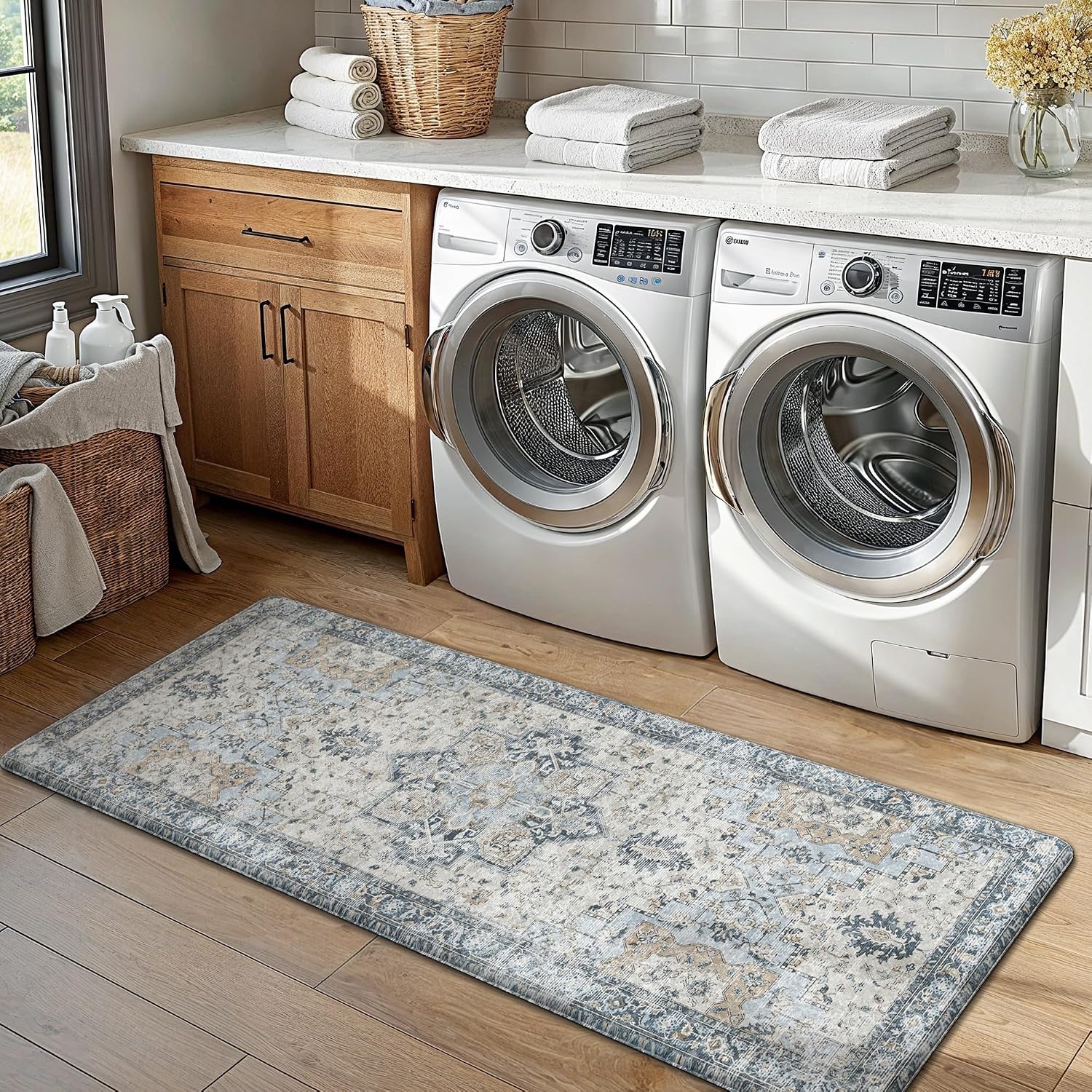 image:imageGENIMO Anti Fatigue Kitchen Mats for Floor 2PCS Cushioned Standing Mats 173x47amp173x30 Light Taupe Brown vintage boho rug set waterproof nonslip easyclean for home laundry sink farmhouseLight Blue