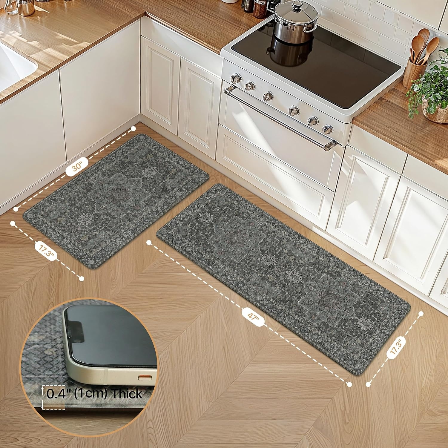 image:imageGENIMO Anti Fatigue Kitchen Mats for Floor 2PCS Cushioned Standing Mats 173x47amp173x30 Light Taupe Brown vintage boho rug set waterproof nonslip easyclean for home laundry sink farmhouseDusky Green