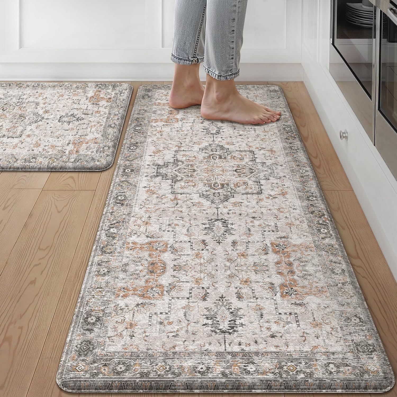 image:imageGENIMO Anti Fatigue Kitchen Mats for Floor 2PCS Cushioned Standing Mats 173x47amp173x30 Light Taupe Brown vintage boho rug set waterproof nonslip easyclean for home laundry sink farmhouseLight Taupe Brown