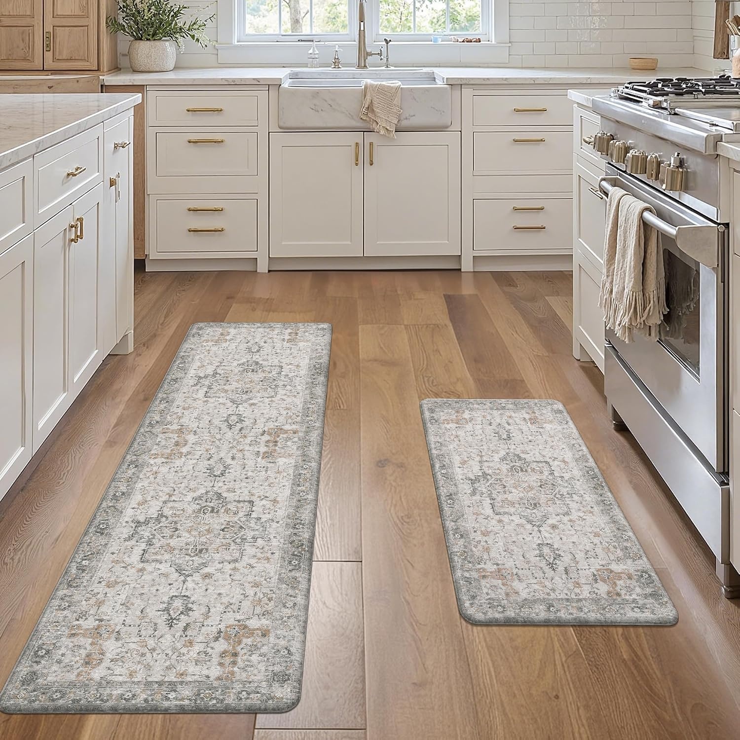 image:imageGENIMO Anti Fatigue Kitchen Mats for Floor 2PCS Cushioned Standing Mats 173x47amp173x30 Light Taupe Brown vintage boho rug set waterproof nonslip easyclean for home laundry sink farmhouseLight Taupe Brown