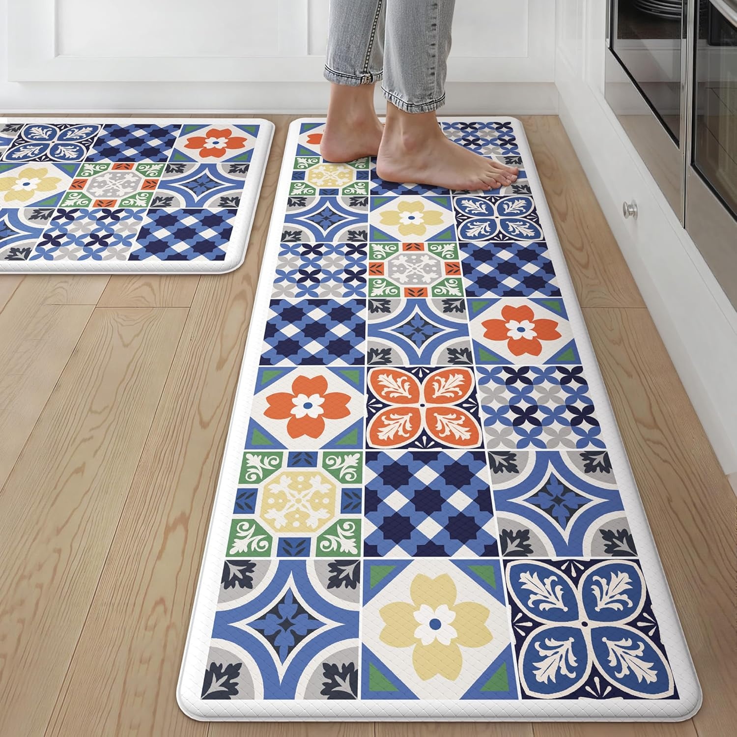 image:imageGENIMO Anti Fatigue Kitchen Mats for Floor 2PCS Cushioned Standing Mats 173x47amp173x30 Light Taupe Brown vintage boho rug set waterproof nonslip easyclean for home laundry sink farmhouseAblue