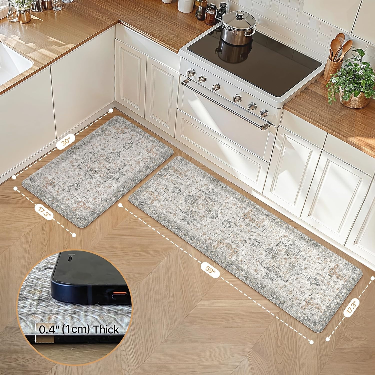 image:imageGENIMO Anti Fatigue Kitchen Mats for Floor 2PCS Cushioned Standing Mats 173x47amp173x30 Light Taupe Brown vintage boho rug set waterproof nonslip easyclean for home laundry sink farmhouseLight Taupe Brown