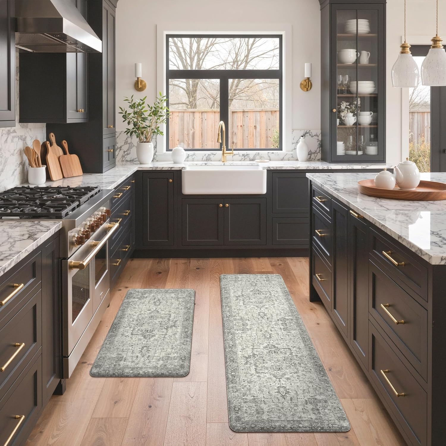 image:imageGENIMO Anti Fatigue Kitchen Mats for Floor 2PCS Cushioned Standing Mats 173x47amp173x30 Light Taupe Brown vintage boho rug set waterproof nonslip easyclean for home laundry sink farmhouseStone Gray