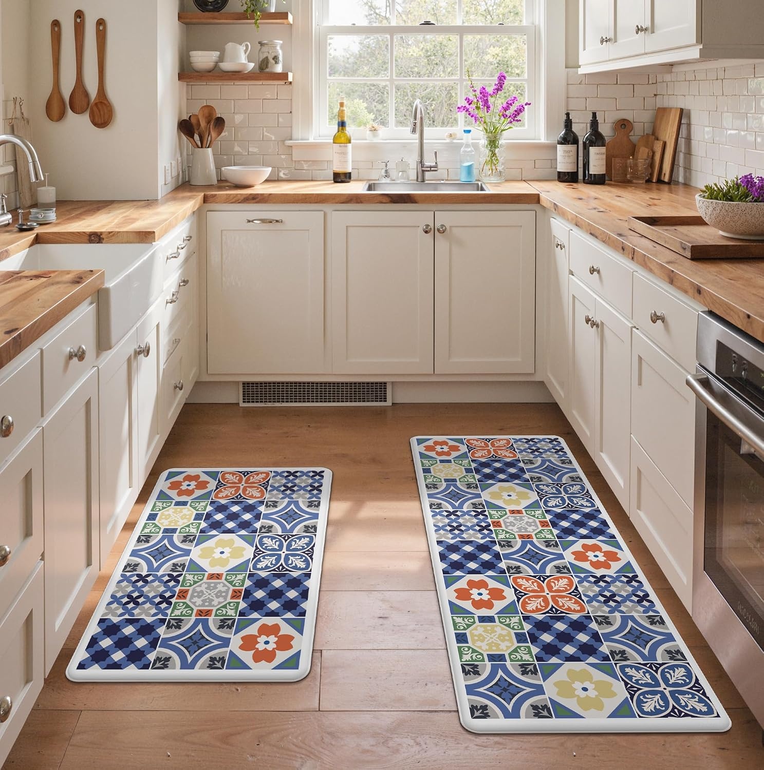image:imageGENIMO Anti Fatigue Kitchen Mats for Floor 2PCS Cushioned Standing Mats 173x47amp173x30 Light Taupe Brown vintage boho rug set waterproof nonslip easyclean for home laundry sink farmhouseAblue