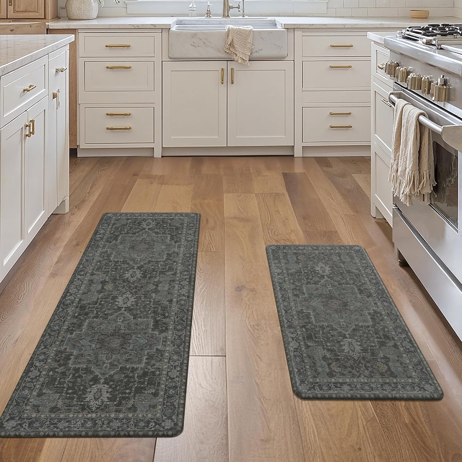 image:imageGENIMO Anti Fatigue Kitchen Mats for Floor 2PCS Cushioned Standing Mats 173x47amp173x30 Light Taupe Brown vintage boho rug set waterproof nonslip easyclean for home laundry sink farmhouseDusky Green