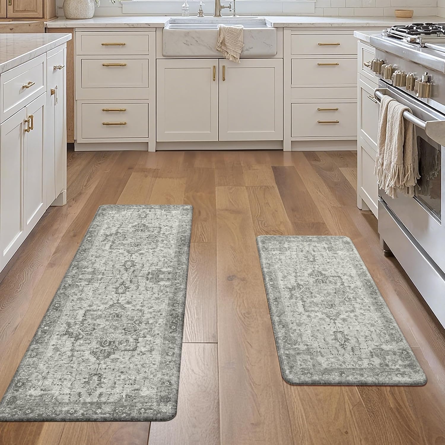 image:imageGENIMO Anti Fatigue Kitchen Mats for Floor 2PCS Cushioned Standing Mats 173x47amp173x30 Light Taupe Brown vintage boho rug set waterproof nonslip easyclean for home laundry sink farmhouseStone Gray