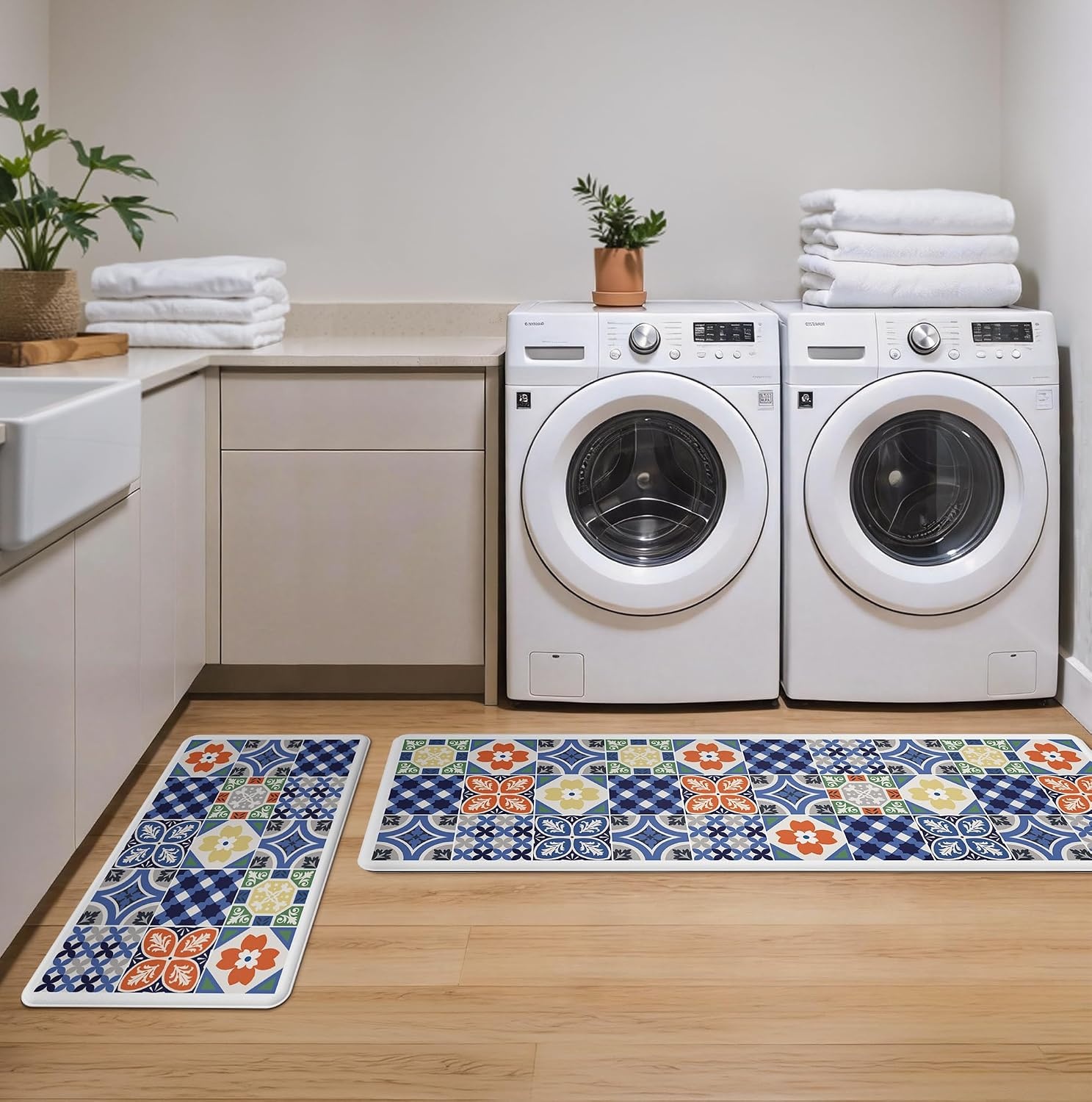 image:imageGENIMO Anti Fatigue Kitchen Mats for Floor 2PCS Cushioned Standing Mats 173x47amp173x30 Light Taupe Brown vintage boho rug set waterproof nonslip easyclean for home laundry sink farmhouseAblue