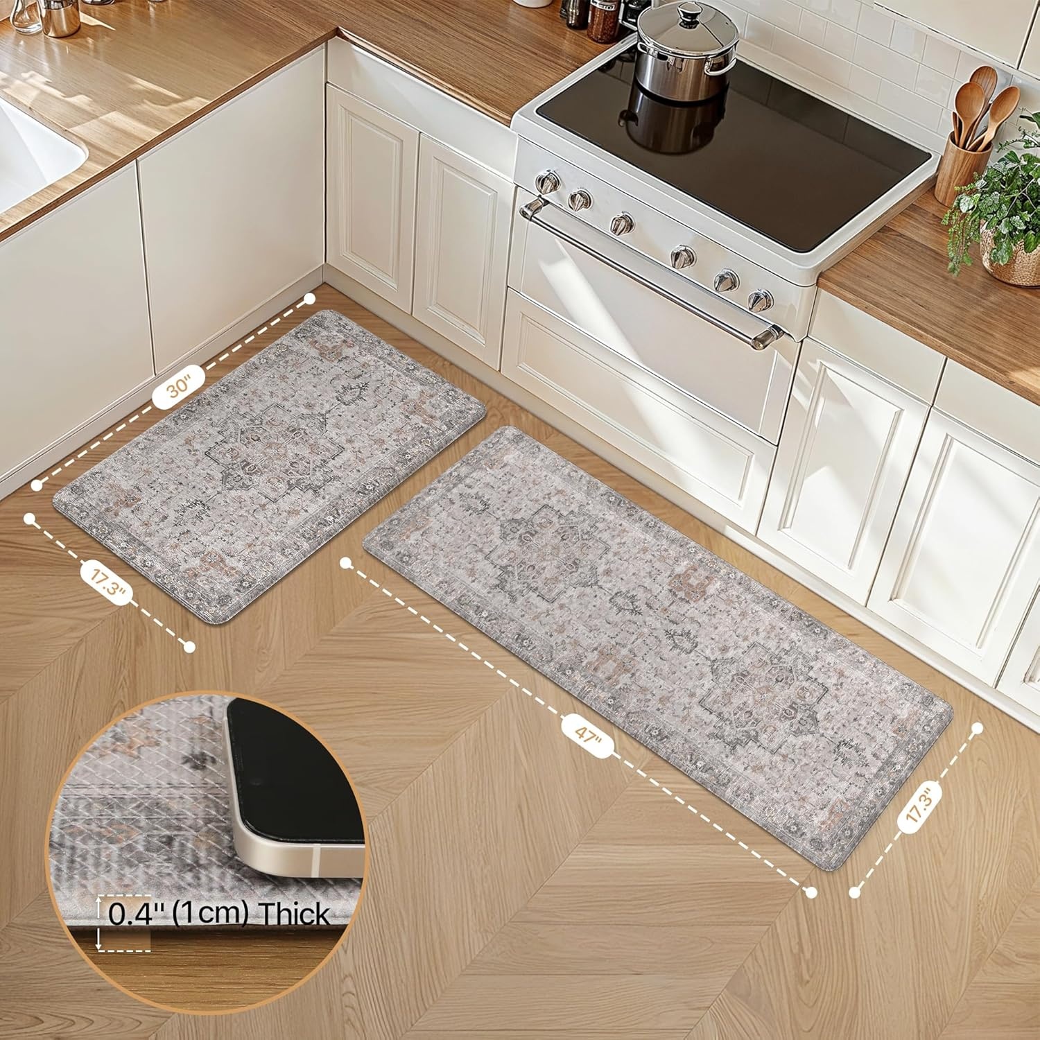 image:imageGENIMO Anti Fatigue Kitchen Mats for Floor 2PCS Cushioned Standing Mats 173x47amp173x30 Light Taupe Brown vintage boho rug set waterproof nonslip easyclean for home laundry sink farmhouseSoft Rose Taupe