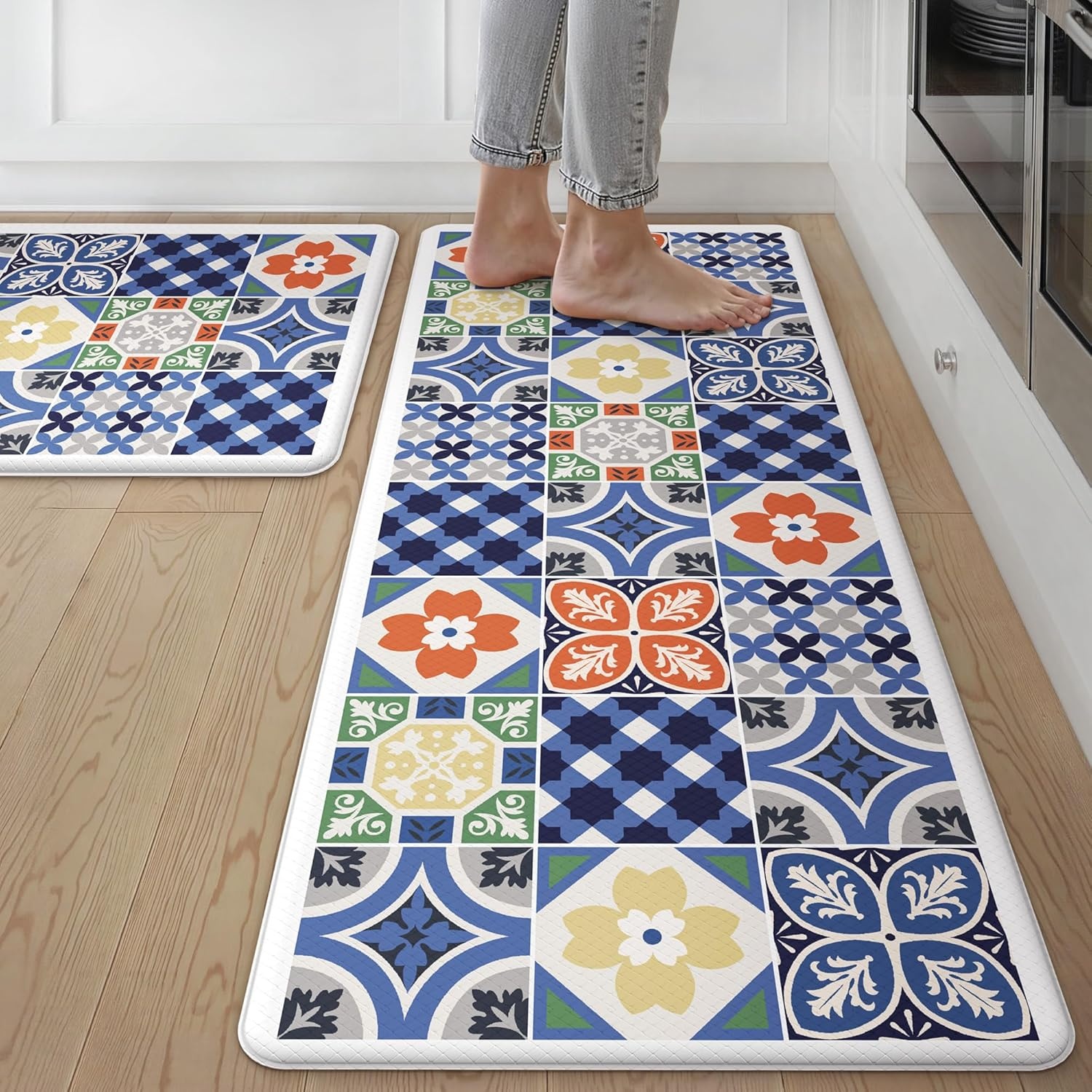 image:imageGENIMO Anti Fatigue Kitchen Mats for Floor 2PCS Cushioned Standing Mats 173x47amp173x30 Light Taupe Brown vintage boho rug set waterproof nonslip easyclean for home laundry sink farmhouseAblue