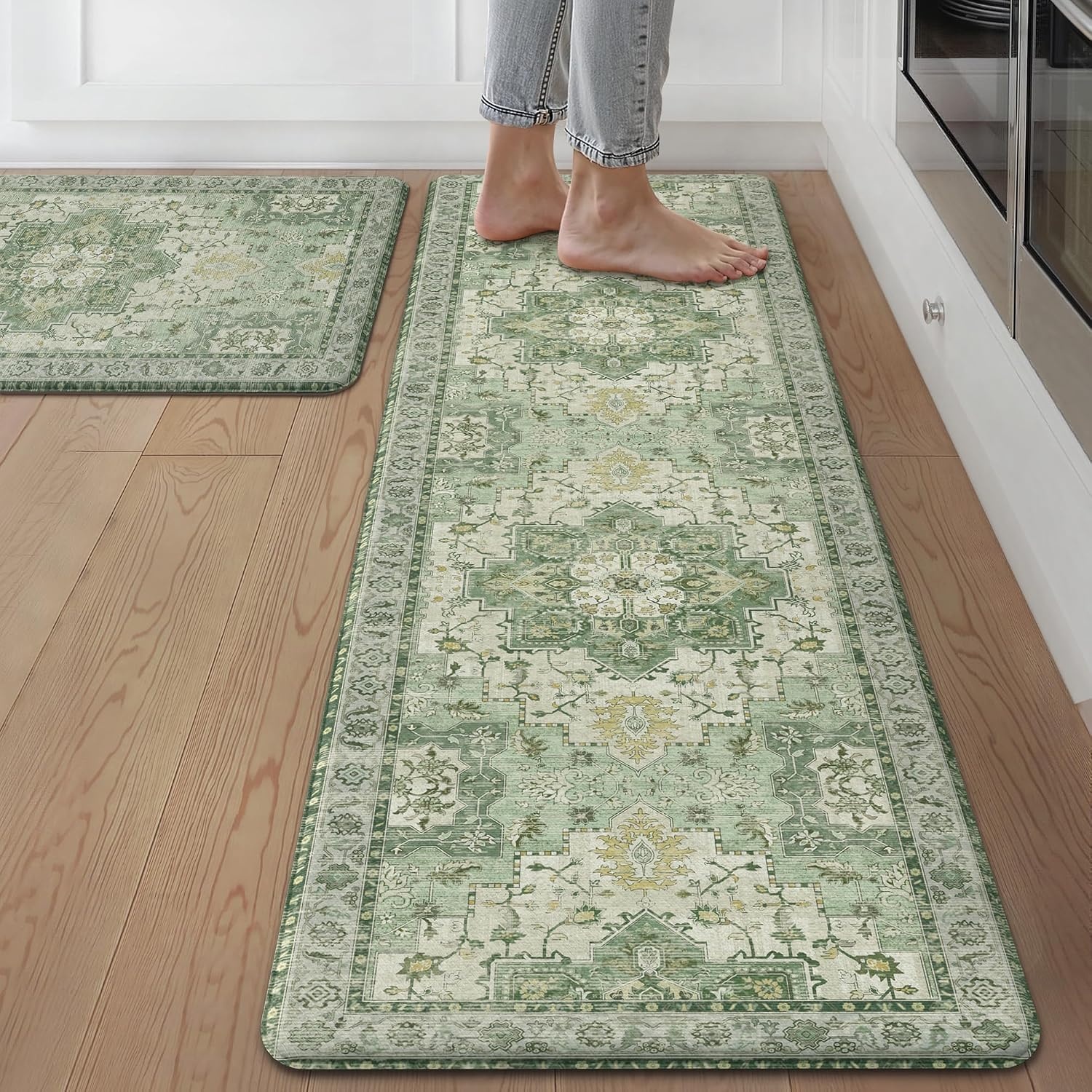 image:imageGENIMO Anti Fatigue Kitchen Mats for Floor 2PCS Cushioned Standing Mats 173x47amp173x30 Light Taupe Brown vintage boho rug set waterproof nonslip easyclean for home laundry sink farmhouseLight Green