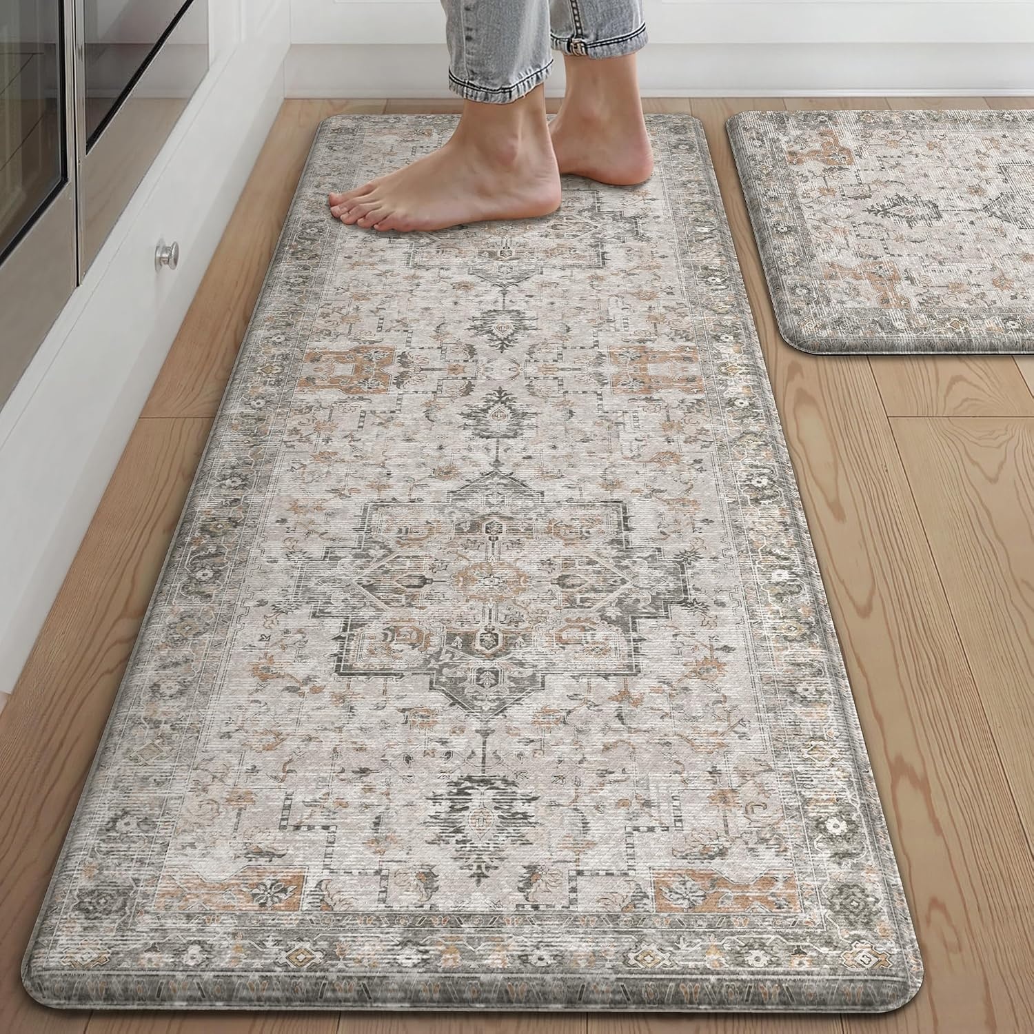 image:imageGENIMO Anti Fatigue Kitchen Mats for Floor 2PCS Cushioned Standing Mats 173x47amp173x30 Light Taupe Brown vintage boho rug set waterproof nonslip easyclean for home laundry sink farmhouseLight Taupe Brown