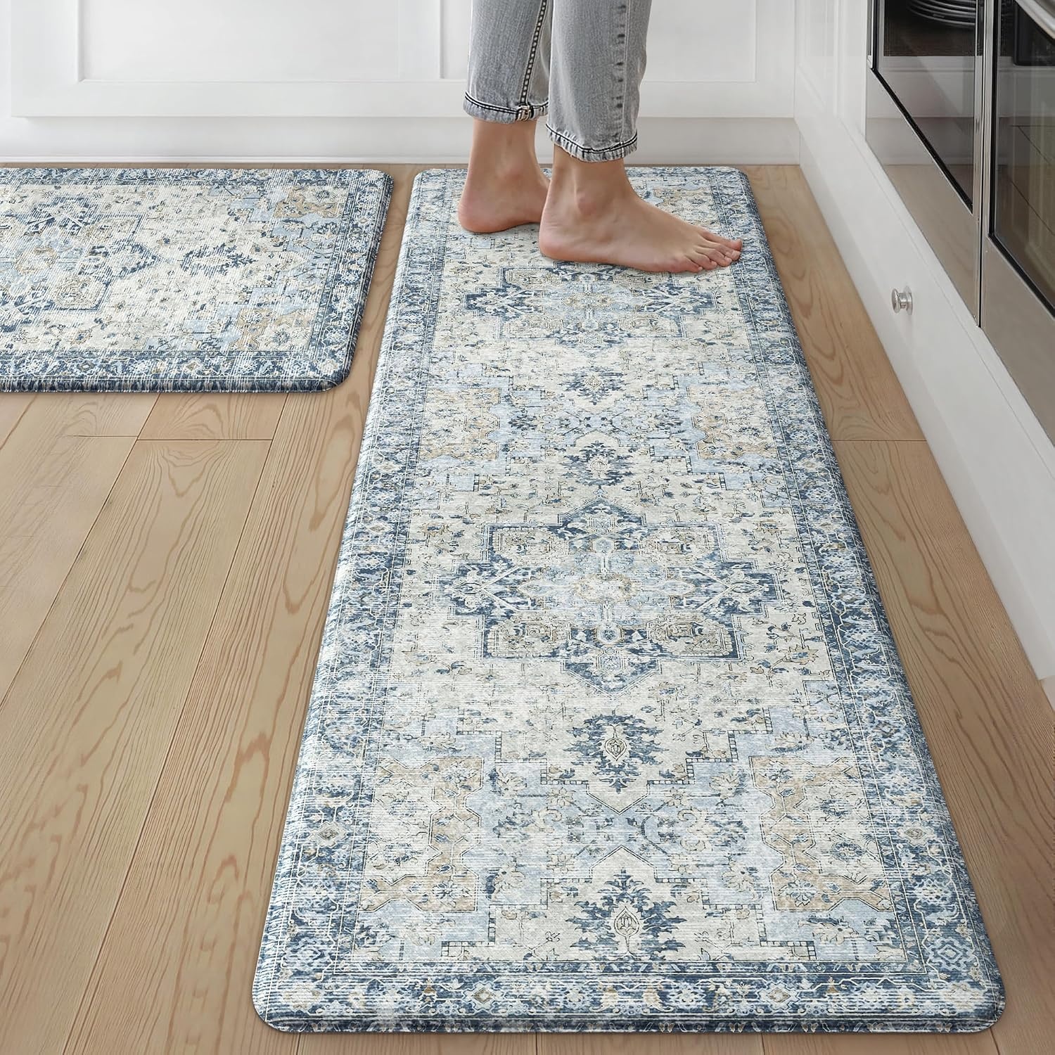 image:imageGENIMO Anti Fatigue Kitchen Mats for Floor 2PCS Cushioned Standing Mats 173x47amp173x30 Light Taupe Brown vintage boho rug set waterproof nonslip easyclean for home laundry sink farmhouseLight Blue