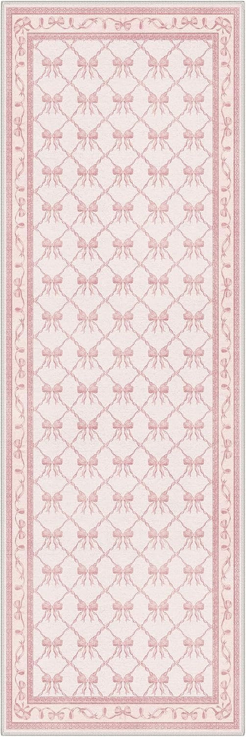 image:imageGENIMO Area Rugs 6X9 for Living Room Bedroom Machine Washable Non Slip Flower Bow Rug Low Pile Soft Cute Floral Rug for Dining Room Girls Room Nursery Room and Playroom Pink BowPink Bow