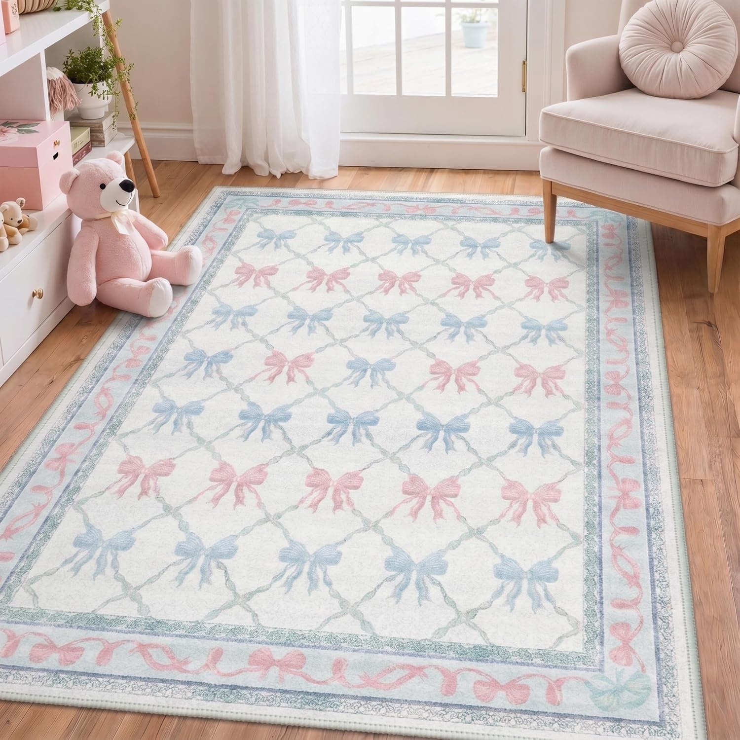 image:imageGENIMO Area Rugs 6X9 for Living Room Bedroom Machine Washable Non Slip Flower Bow Rug Low Pile Soft Cute Floral Rug for Dining Room Girls Room Nursery Room and Playroom Pink BowBlue Pink Bow