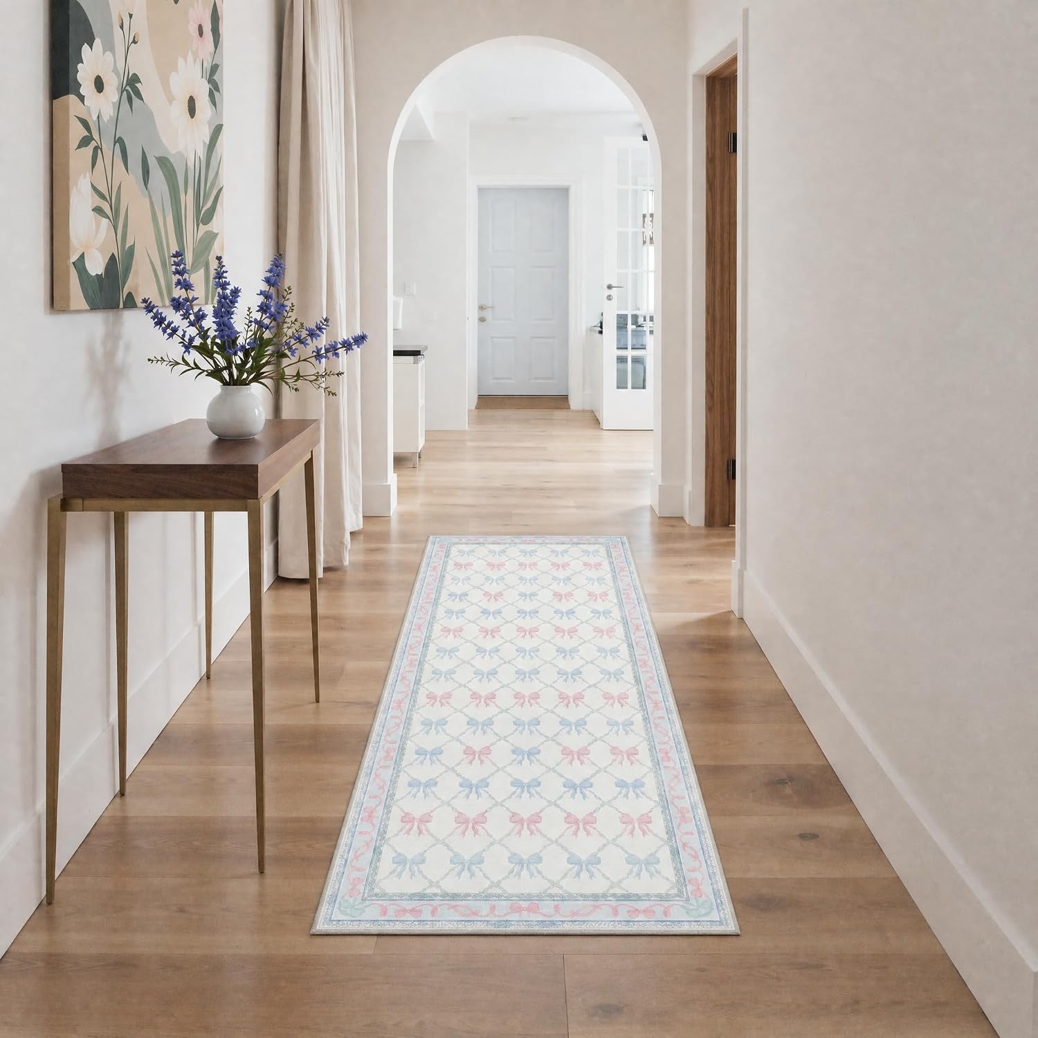 image:imageGENIMO Area Rugs 6X9 for Living Room Bedroom Machine Washable Non Slip Flower Bow Rug Low Pile Soft Cute Floral Rug for Dining Room Girls Room Nursery Room and Playroom Pink BowPurple Floral Bow