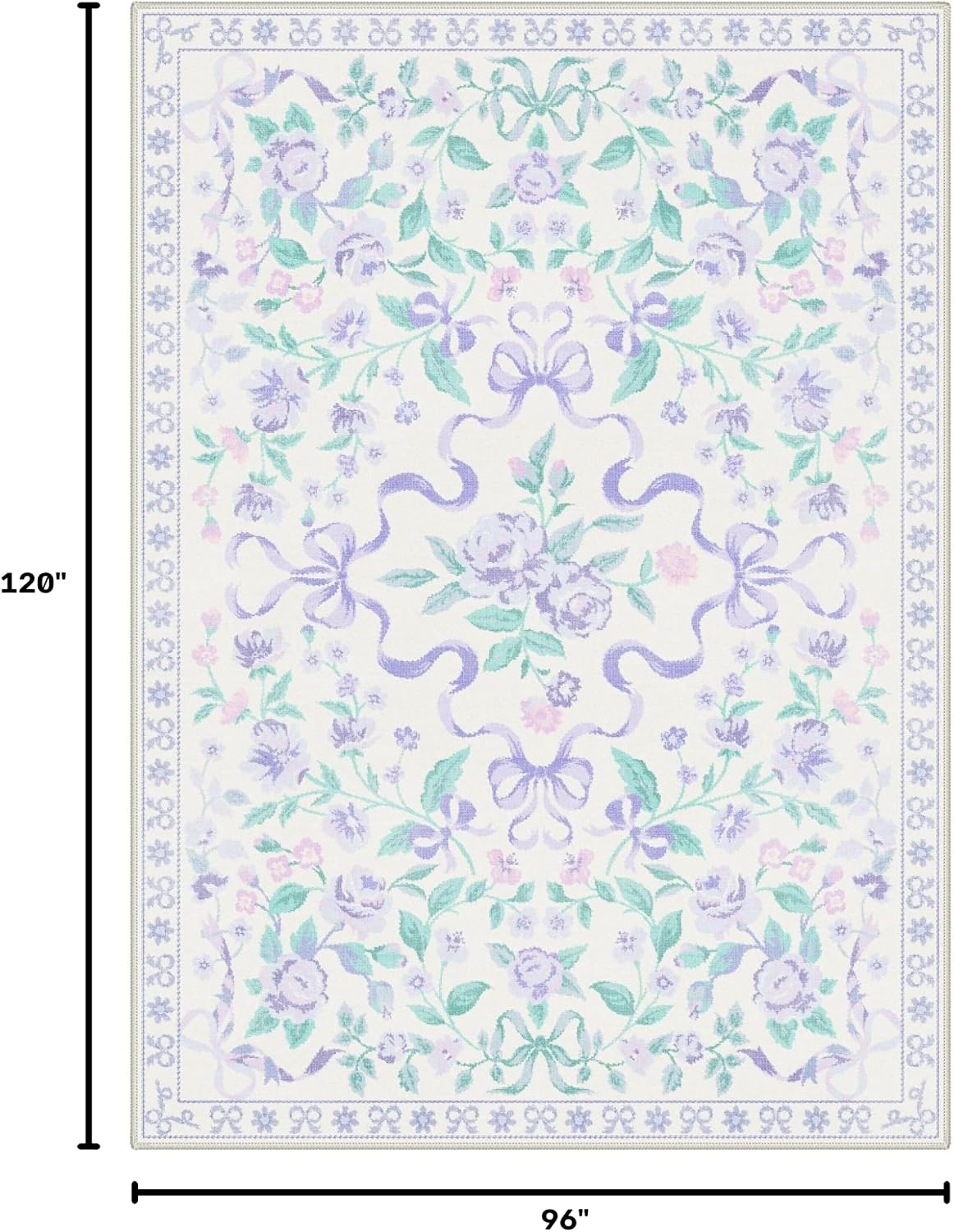 image:imageGENIMO Area Rugs 6X9 for Living Room Bedroom Machine Washable Non Slip Flower Bow Rug Low Pile Soft Cute Floral Rug for Dining Room Girls Room Nursery Room and Playroom Pink BowPurple Floral Bow