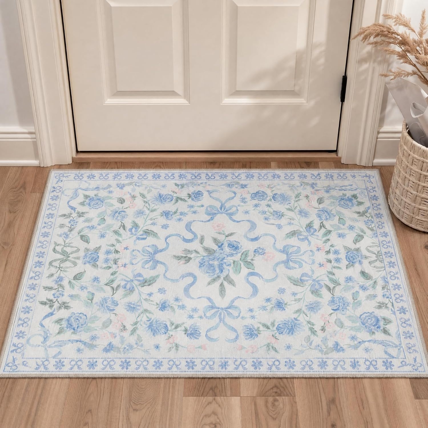 image:imageGENIMO Area Rugs 6X9 for Living Room Bedroom Machine Washable Non Slip Flower Bow Rug Low Pile Soft Cute Floral Rug for Dining Room Girls Room Nursery Room and Playroom Pink BowBlue Floral Bow