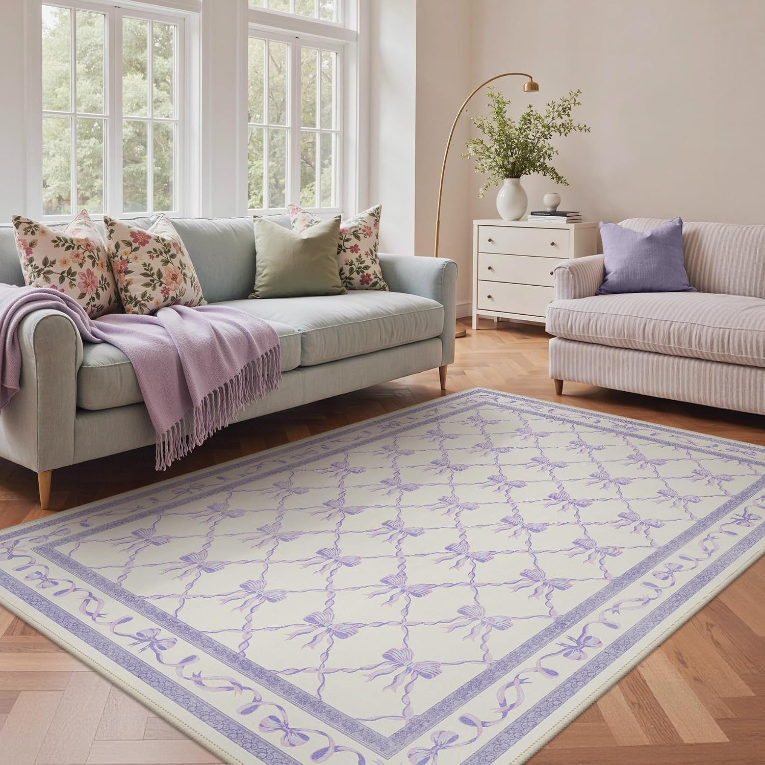 image:imageGENIMO Area Rugs 6X9 for Living Room Bedroom Machine Washable Non Slip Flower Bow Rug Low Pile Soft Cute Floral Rug for Dining Room Girls Room Nursery Room and Playroom Pink BowPurple Bow