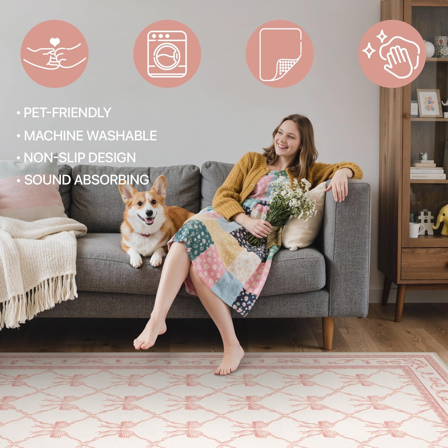 image:imageGENIMO Area Rugs 6X9 for Living Room Bedroom Machine Washable Non Slip Flower Bow Rug Low Pile Soft Cute Floral Rug for Dining Room Girls Room Nursery Room and Playroom Pink BowPink Bow